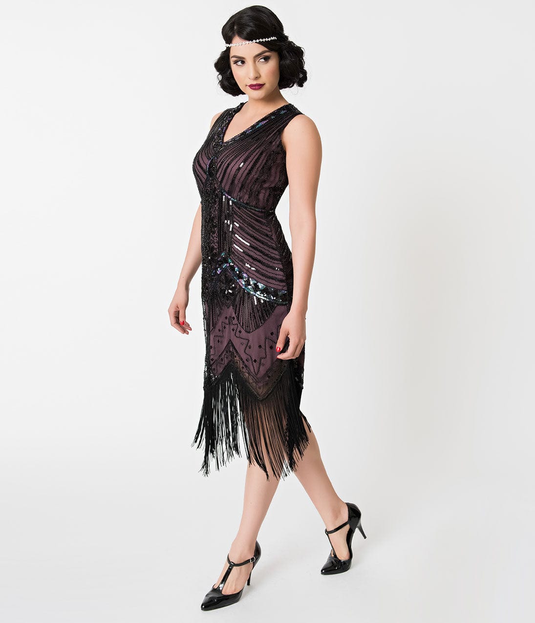  Unique Vintage 1920s Deco Purple & Black Sequin Veronique Fringe Flapper Dress