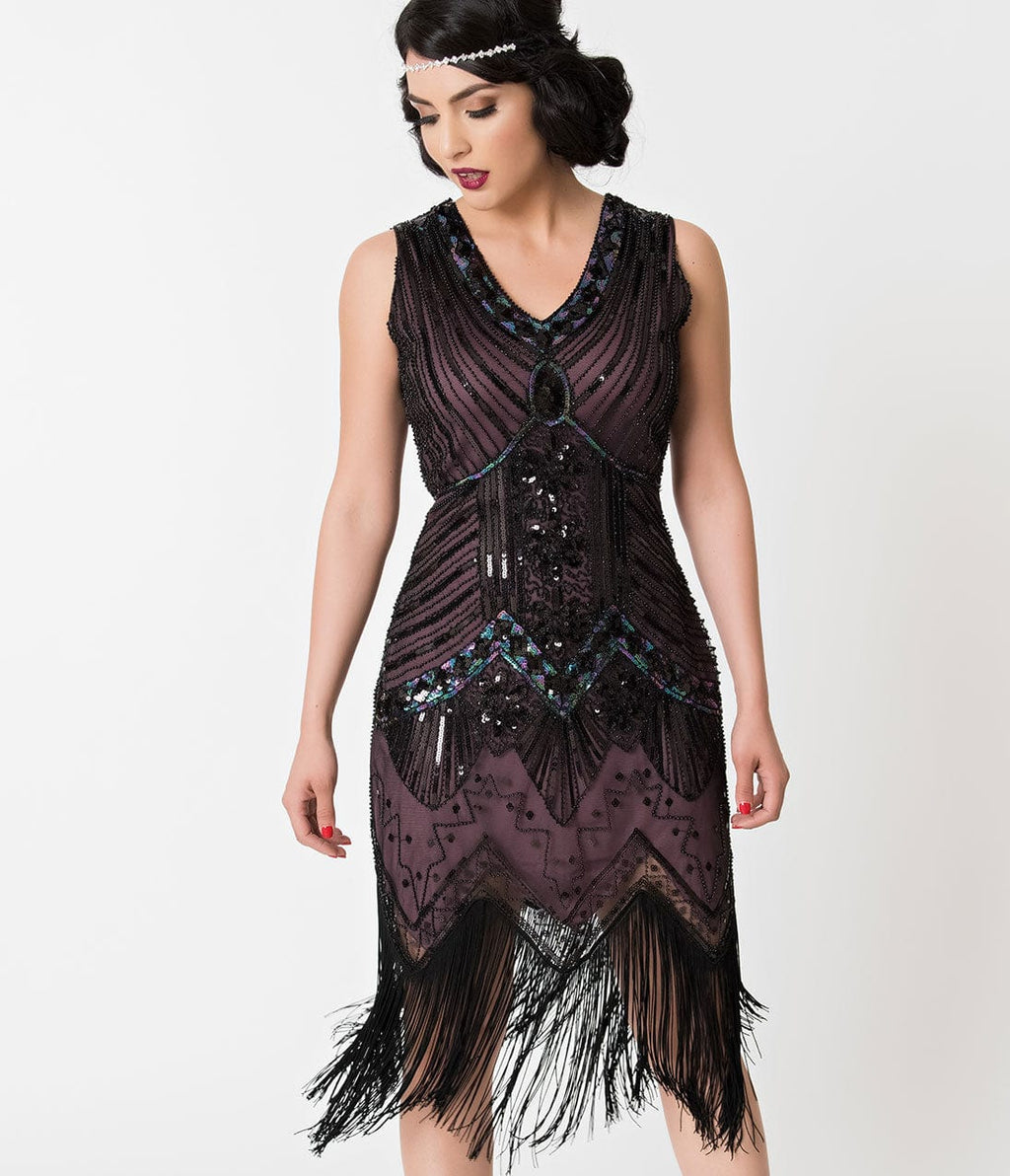  Unique Vintage 1920s Deco Purple & Black Sequin Veronique Fringe Flapper Dress