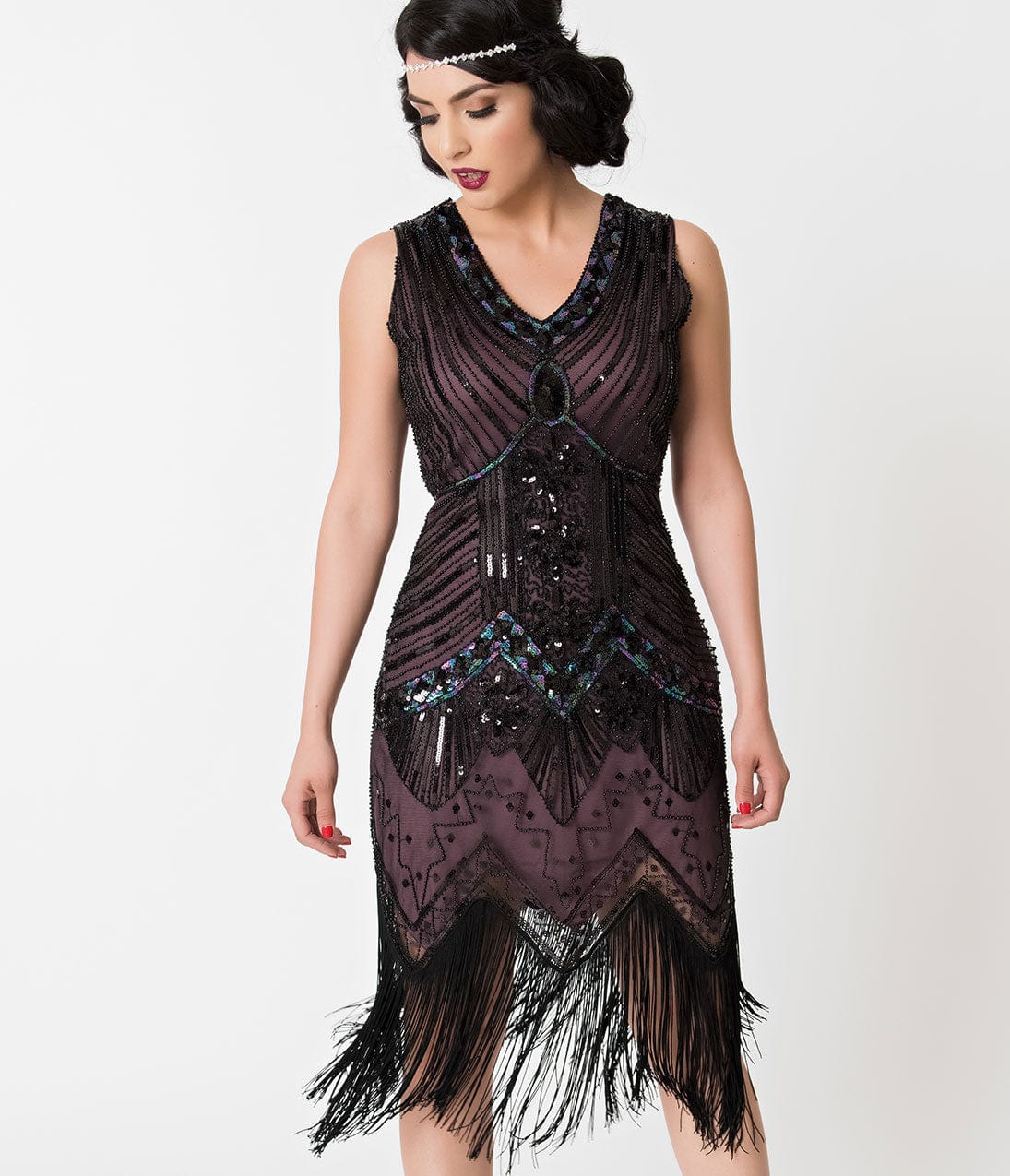  Unique Vintage 1920s Deco Purple & Black Sequin Veronique Fringe Flapper Dress