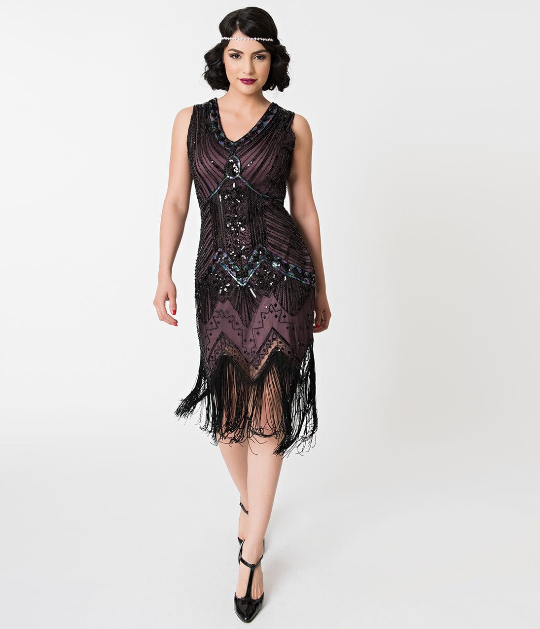  Unique Vintage 1920s Deco Purple & Black Sequin Veronique Fringe Flapper Dress