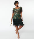  Unique Vintage 1920s Emerald & Gold Sequin Fringe Flapper Dress