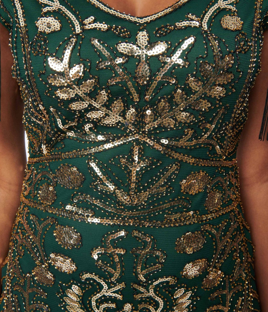  Unique Vintage 1920s Emerald & Gold Sequin Fringe Flapper Dress