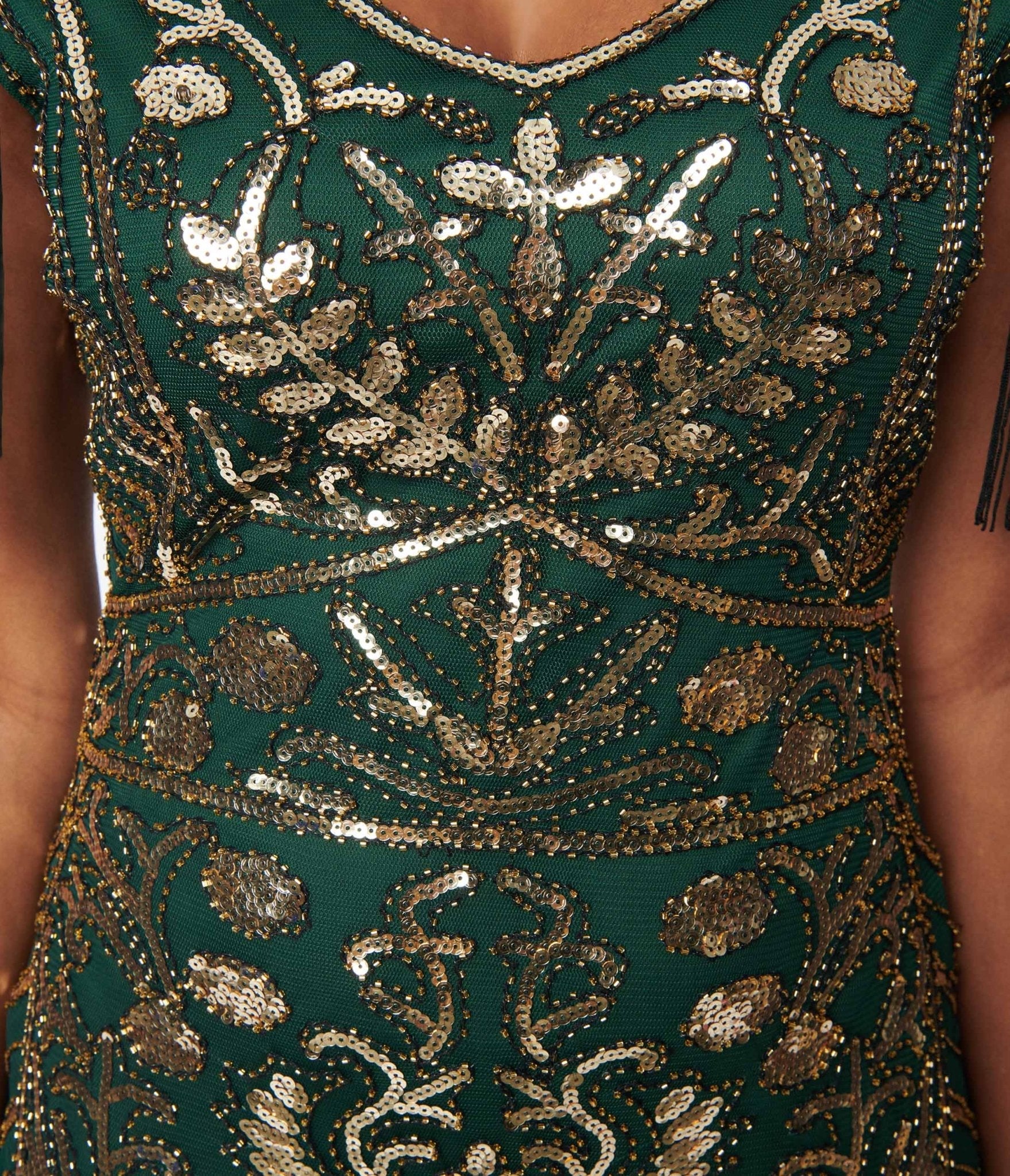  Unique Vintage 1920s Emerald & Gold Sequin Fringe Flapper Dress