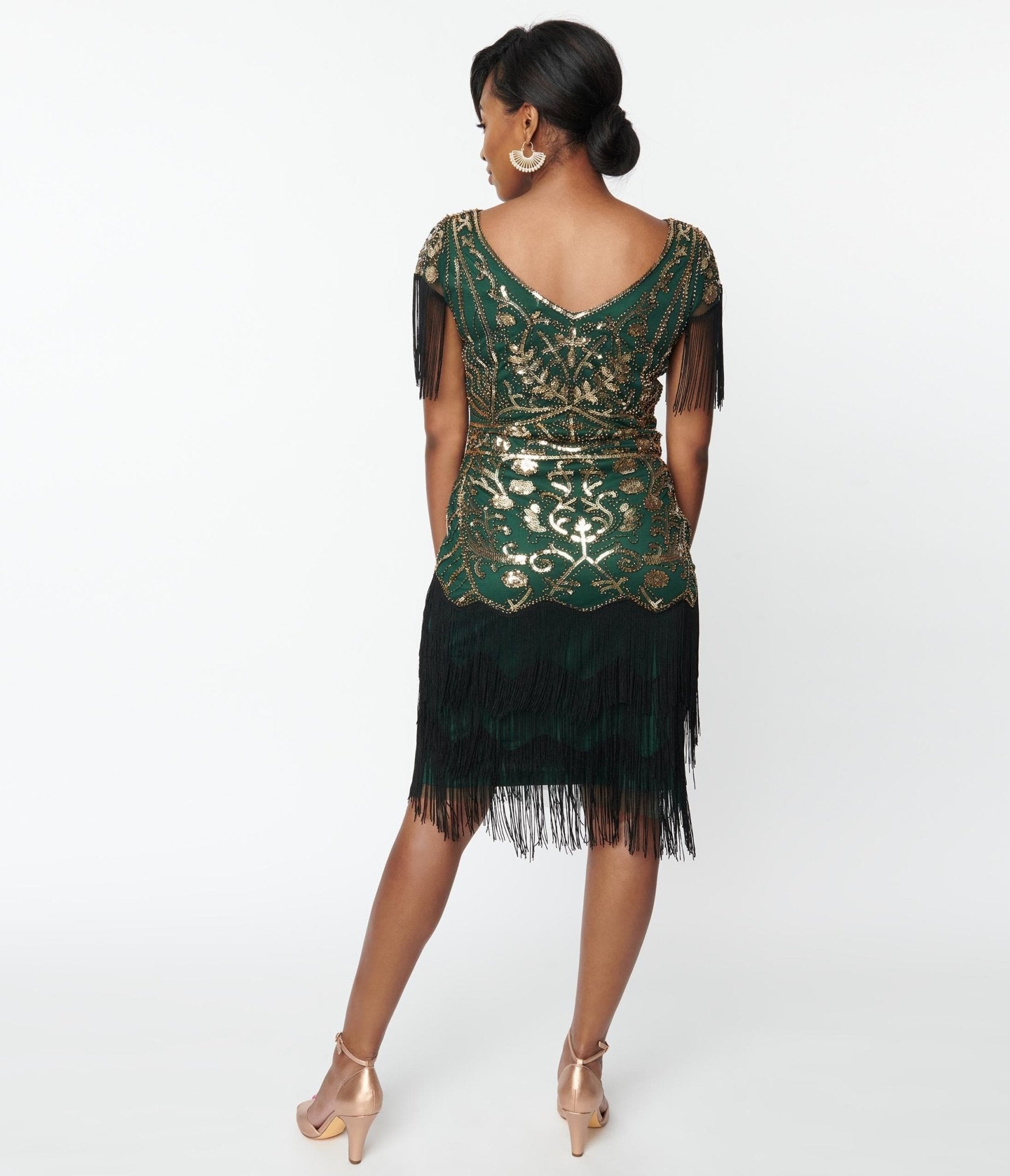 Unique Vintage 1920s Emerald & Gold Sequin Fringe Flapper Dress