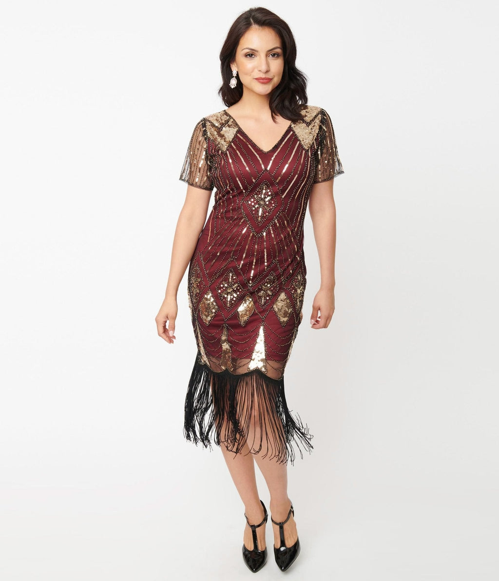  Unique Vintage 1920s Gold Sequin & Burgundy Katriane Flapper Dress