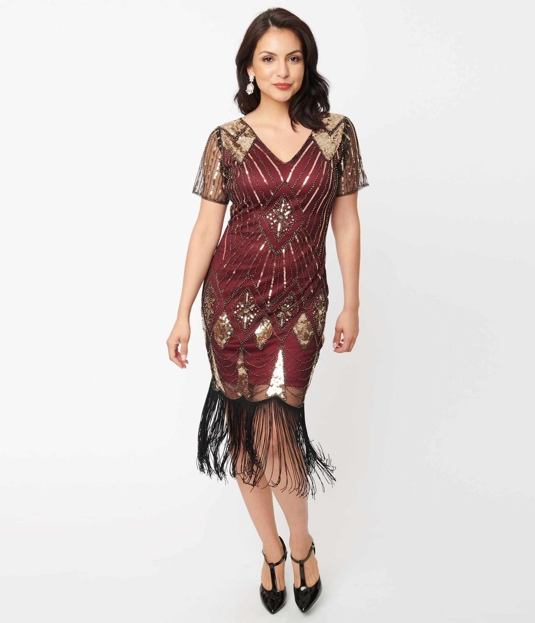  Unique Vintage 1920s Gold Sequin & Burgundy Katriane Flapper Dress