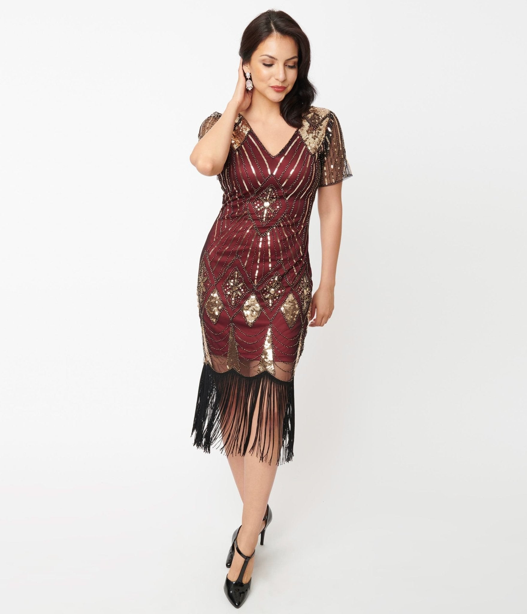  Unique Vintage 1920s Gold Sequin & Burgundy Katriane Flapper Dress
