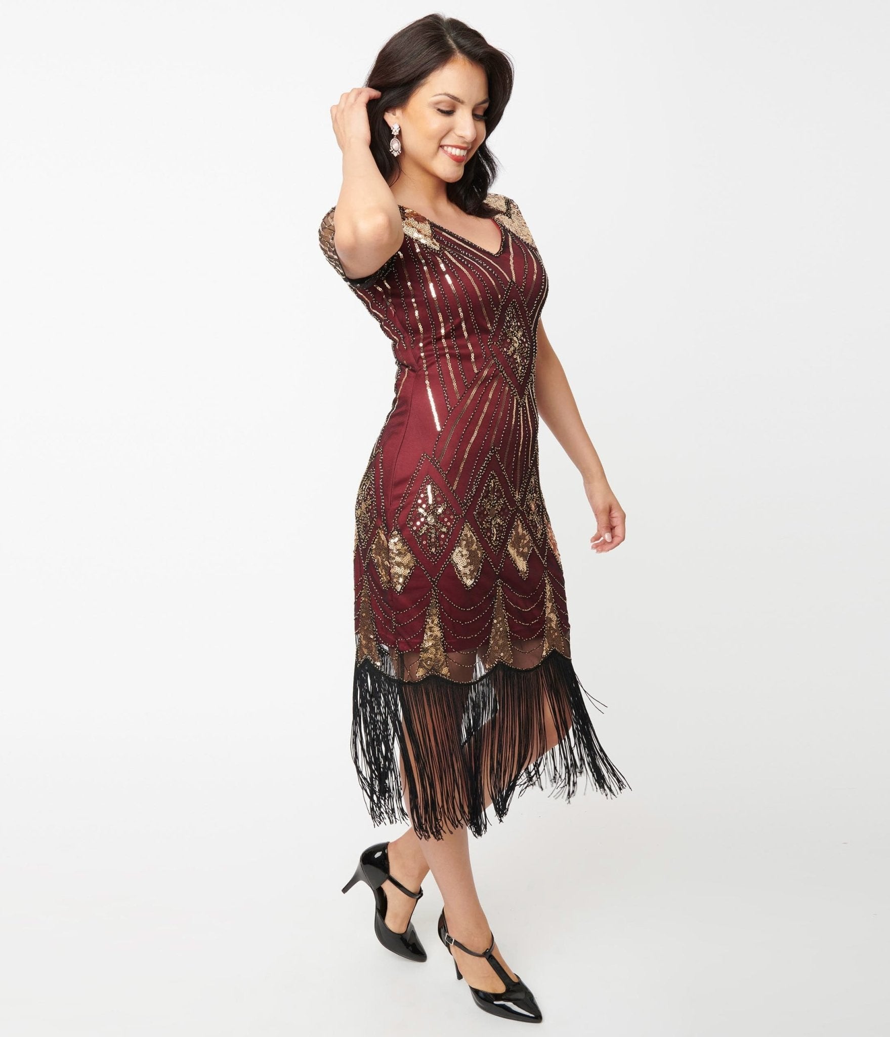  Unique Vintage 1920s Gold Sequin & Burgundy Katriane Flapper Dress