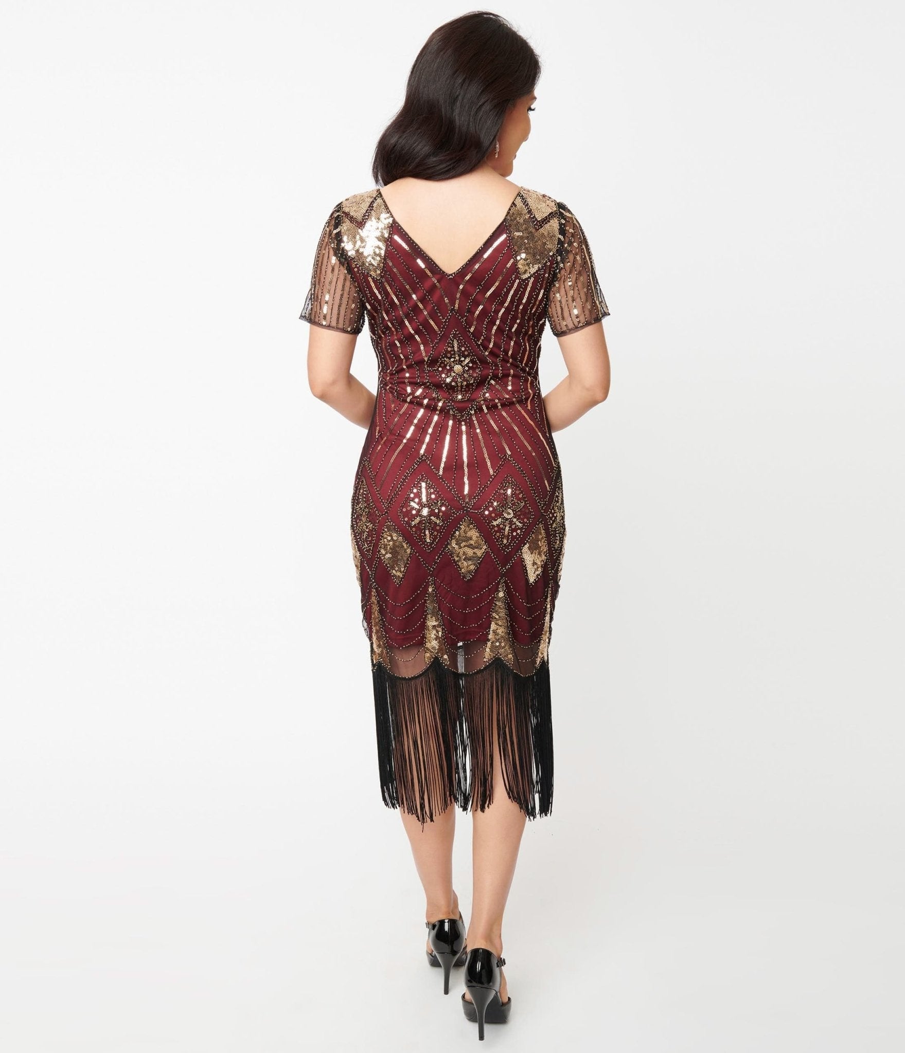  Unique Vintage 1920s Gold Sequin & Burgundy Katriane Flapper Dress