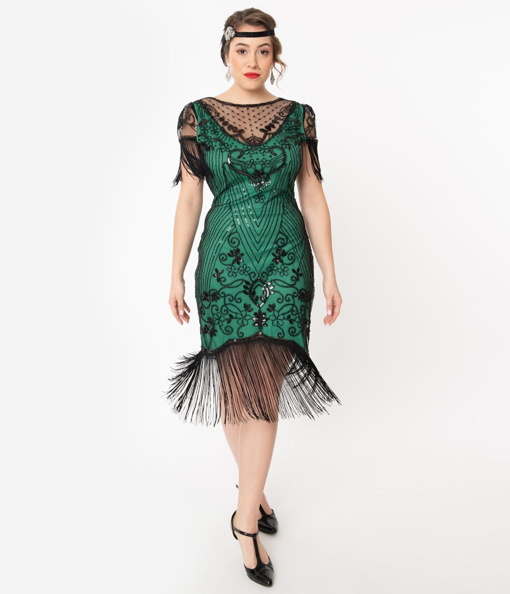  Unique Vintage 1920s Green & Black Beaded Nadine Flapper Dress