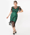  Unique Vintage 1920s Green & Black Beaded Nadine Flapper Dress