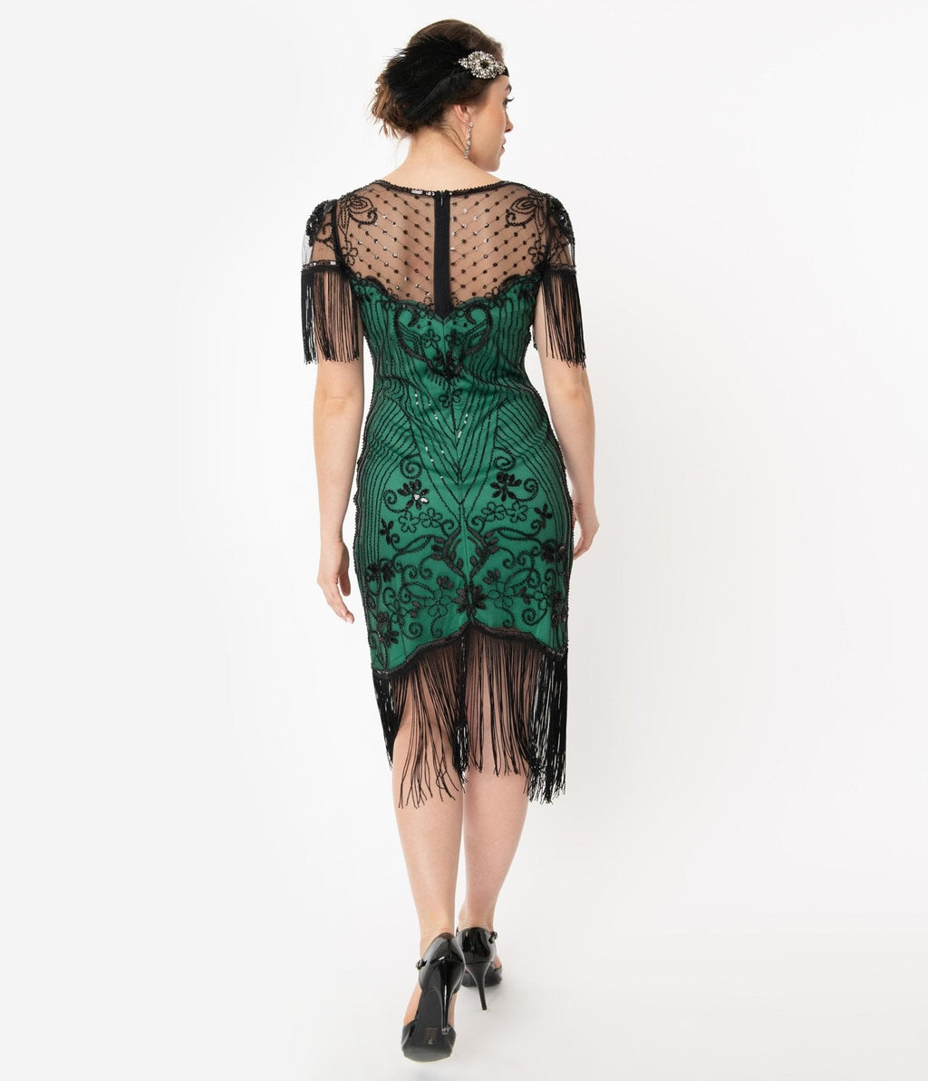  Unique Vintage 1920s Green & Black Beaded Nadine Flapper Dress