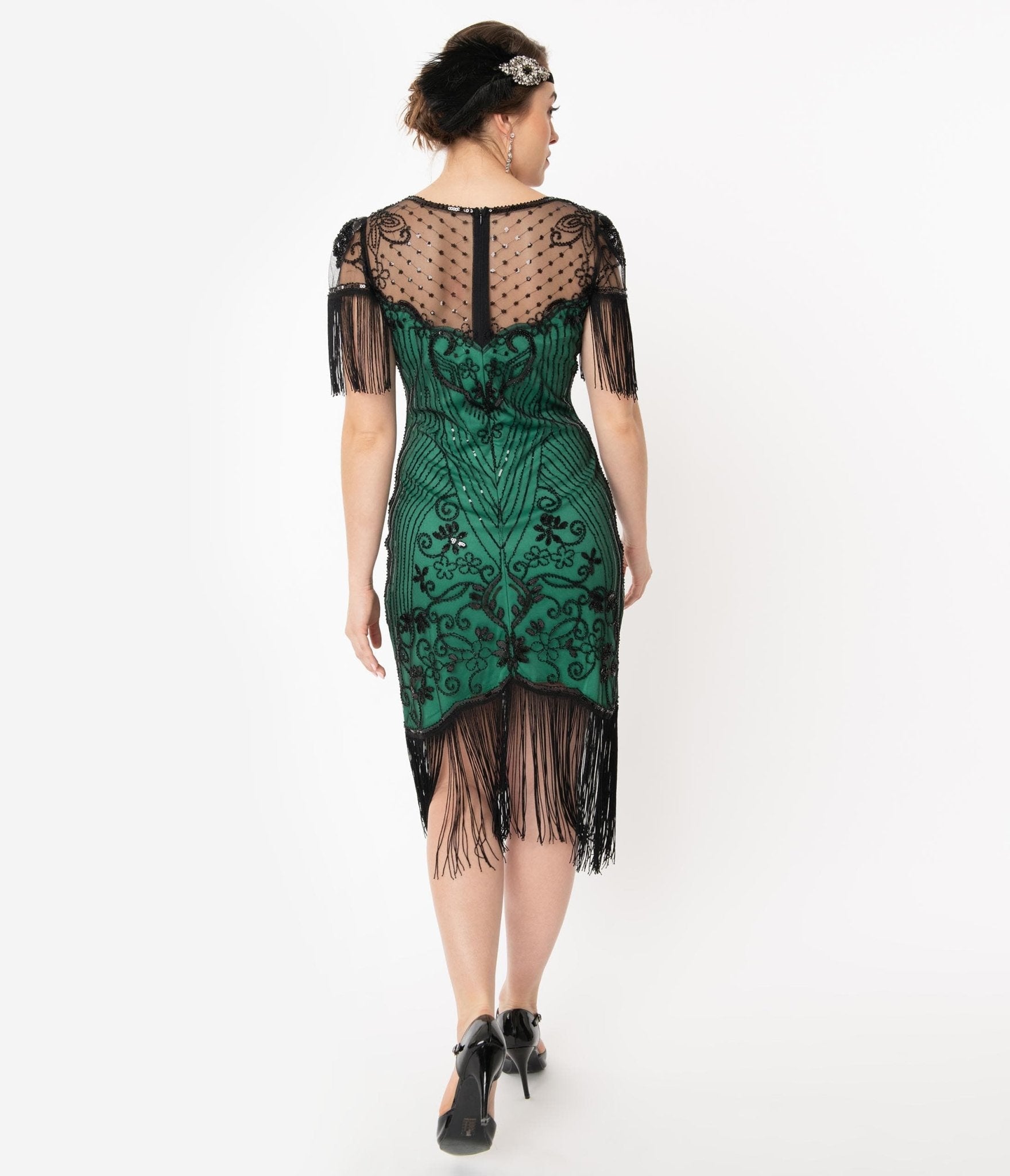  Unique Vintage 1920s Green & Black Beaded Nadine Flapper Dress