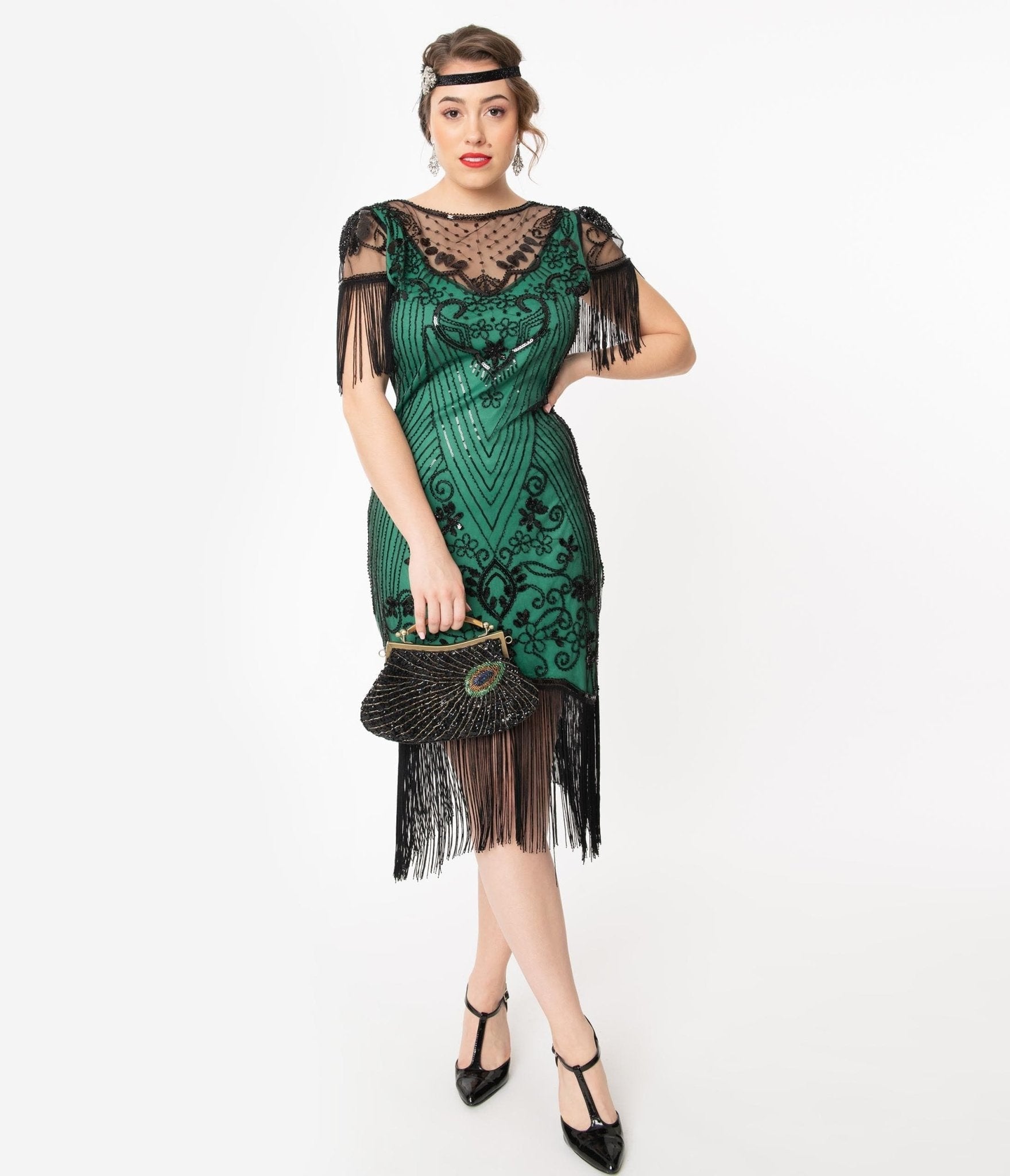  Unique Vintage 1920s Green & Black Beaded Nadine Flapper Dress