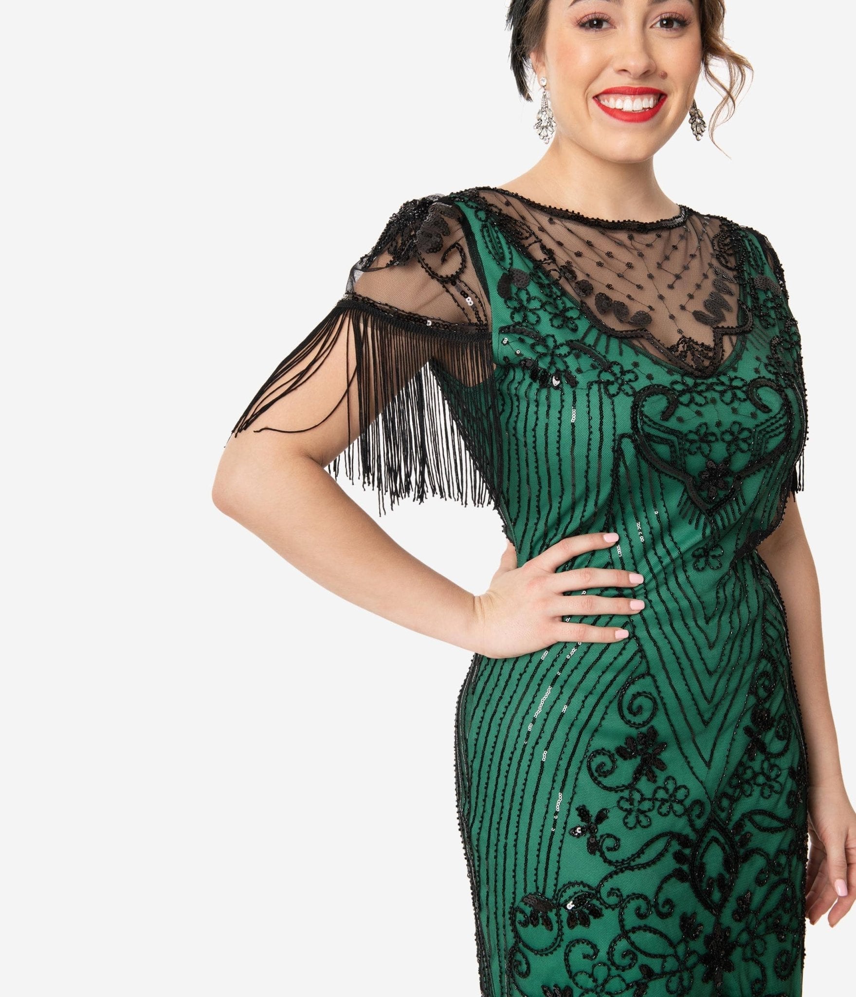  Unique Vintage 1920s Green & Black Beaded Nadine Flapper Dress