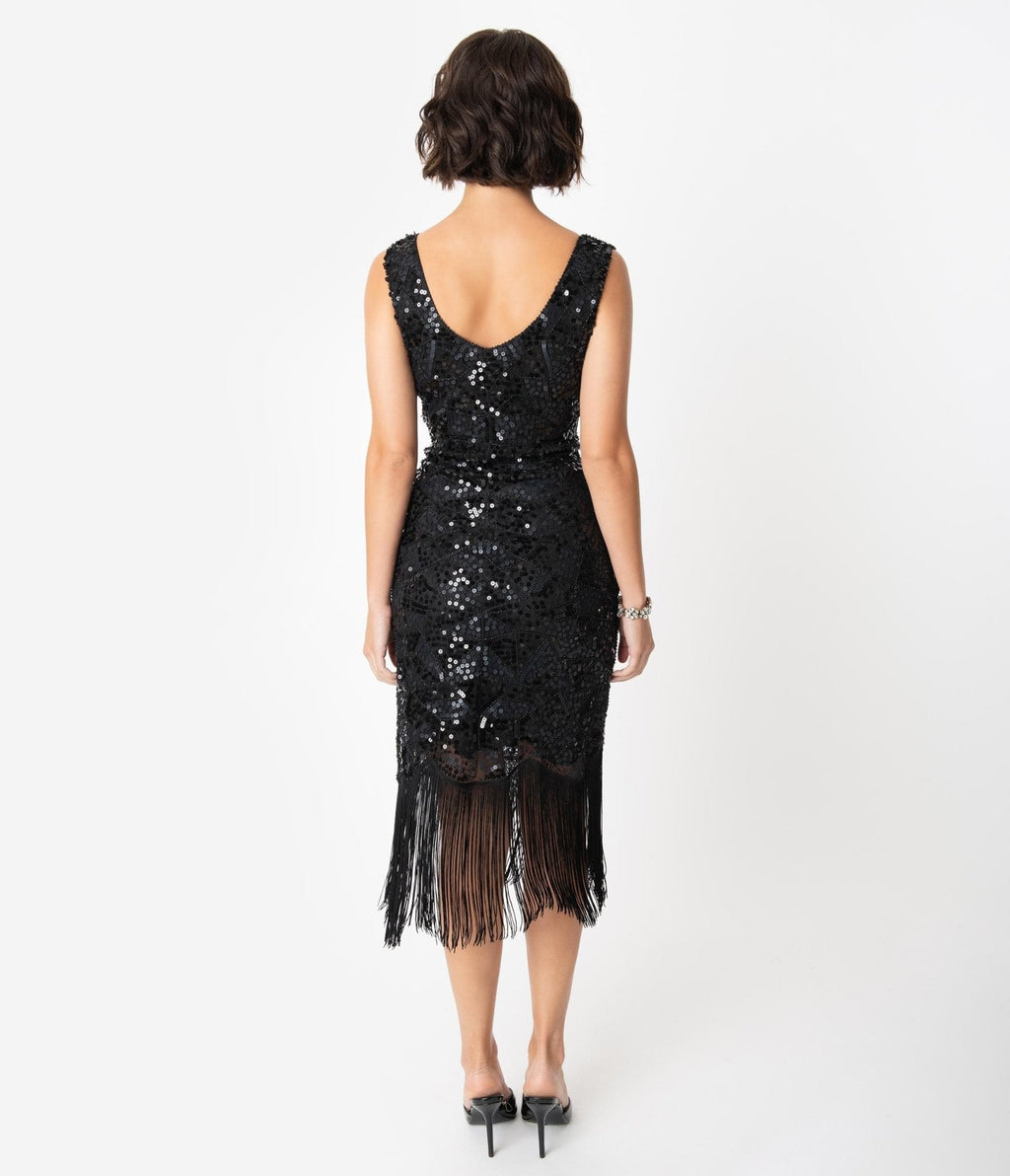  Unique Vintage 1920s Style Black Beaded & Sequin Adalene Cocktail Flapper Dress