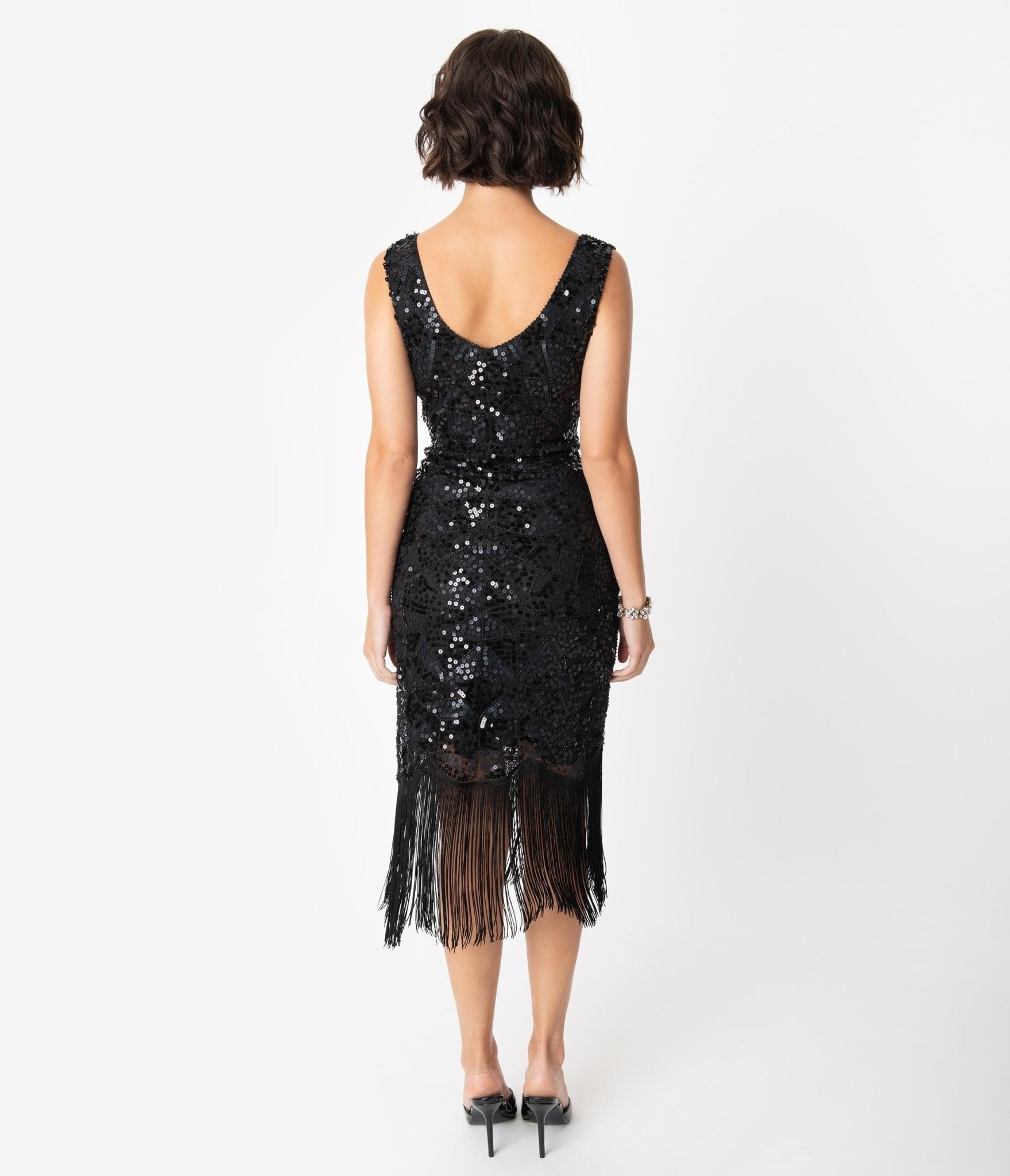  Unique Vintage 1920s Style Black Beaded & Sequin Adalene Cocktail Flapper Dress