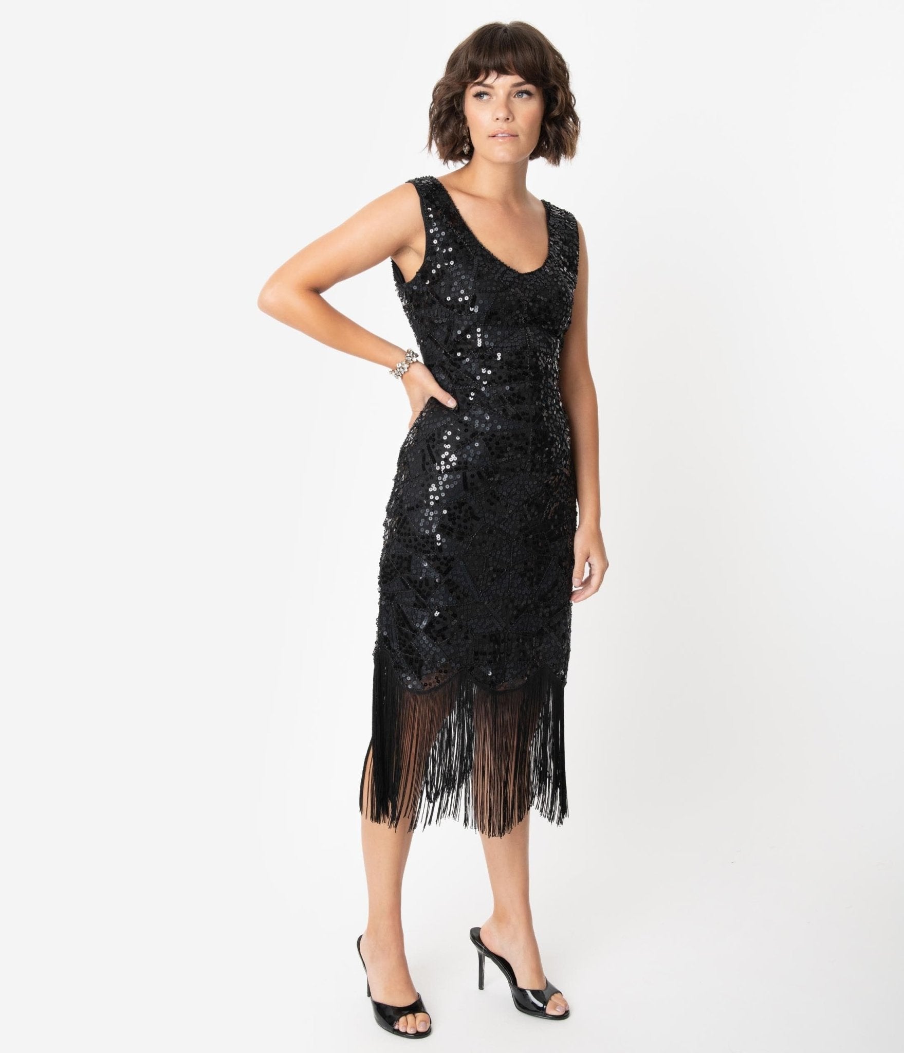  Unique Vintage 1920s Style Black Beaded & Sequin Adalene Cocktail Flapper Dress