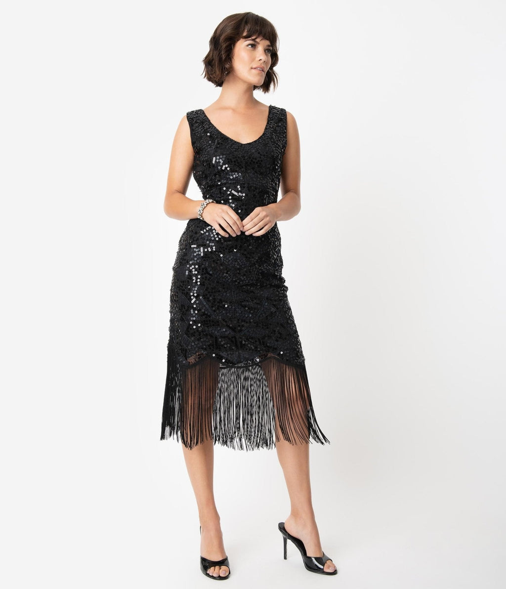  Unique Vintage 1920s Style Black Beaded & Sequin Adalene Cocktail Flapper Dress