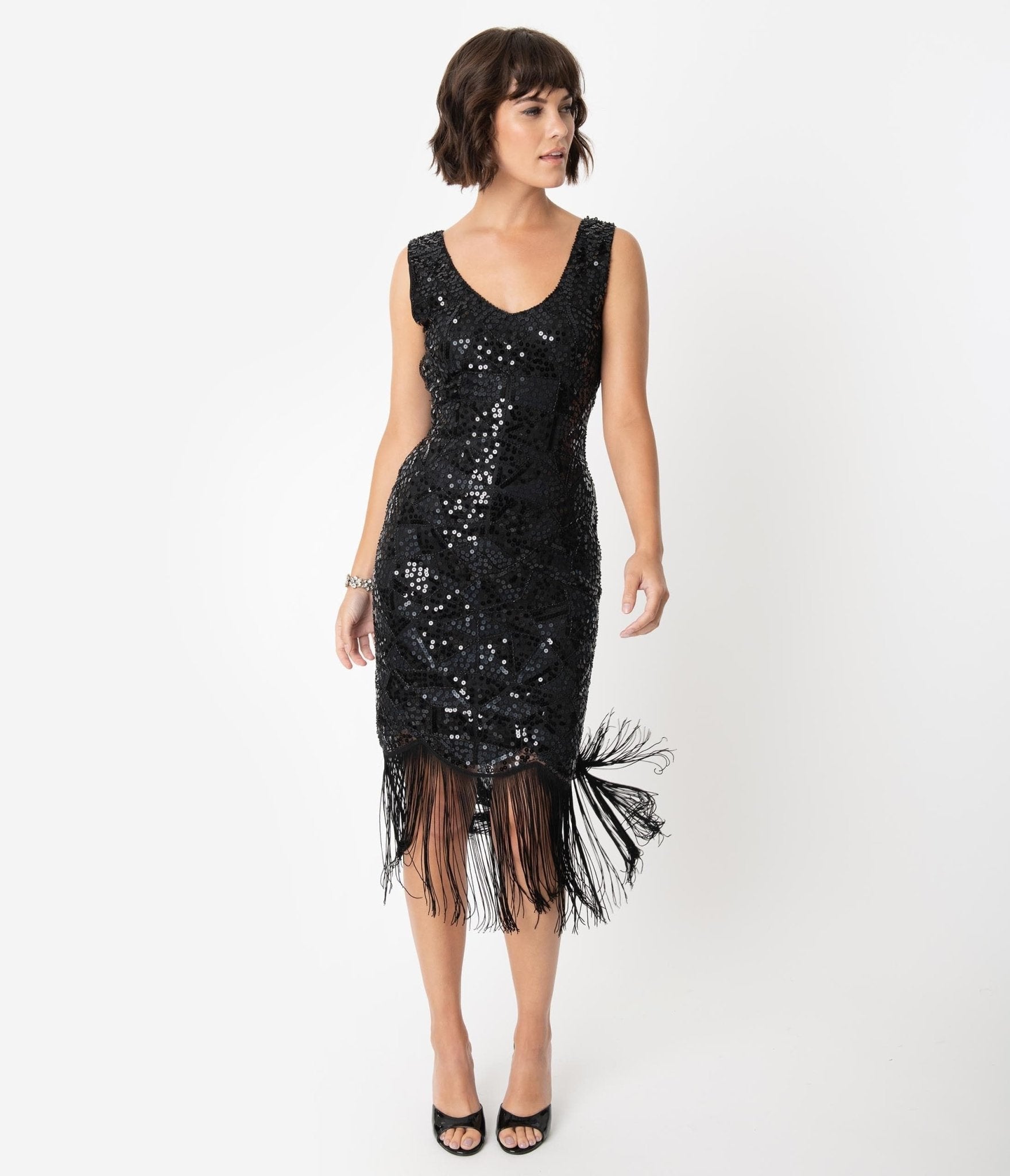  Unique Vintage 1920s Style Black Beaded & Sequin Adalene Cocktail Flapper Dress