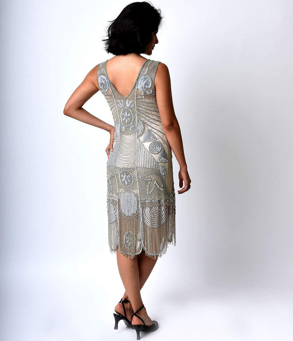  Unique Vintage 1920s Style Silver Beaded Fringe Bosley Flapper Dress