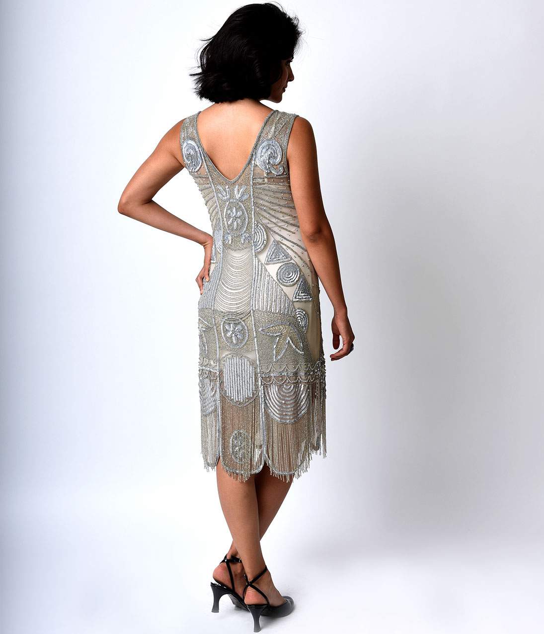  Unique Vintage 1920s Style Silver Beaded Fringe Bosley Flapper Dress