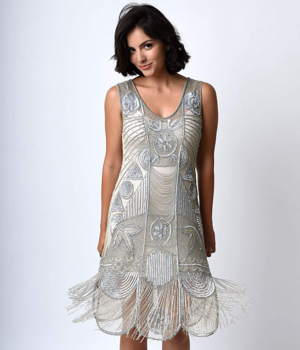  Unique Vintage 1920s Style Silver Beaded Fringe Bosley Flapper Dress