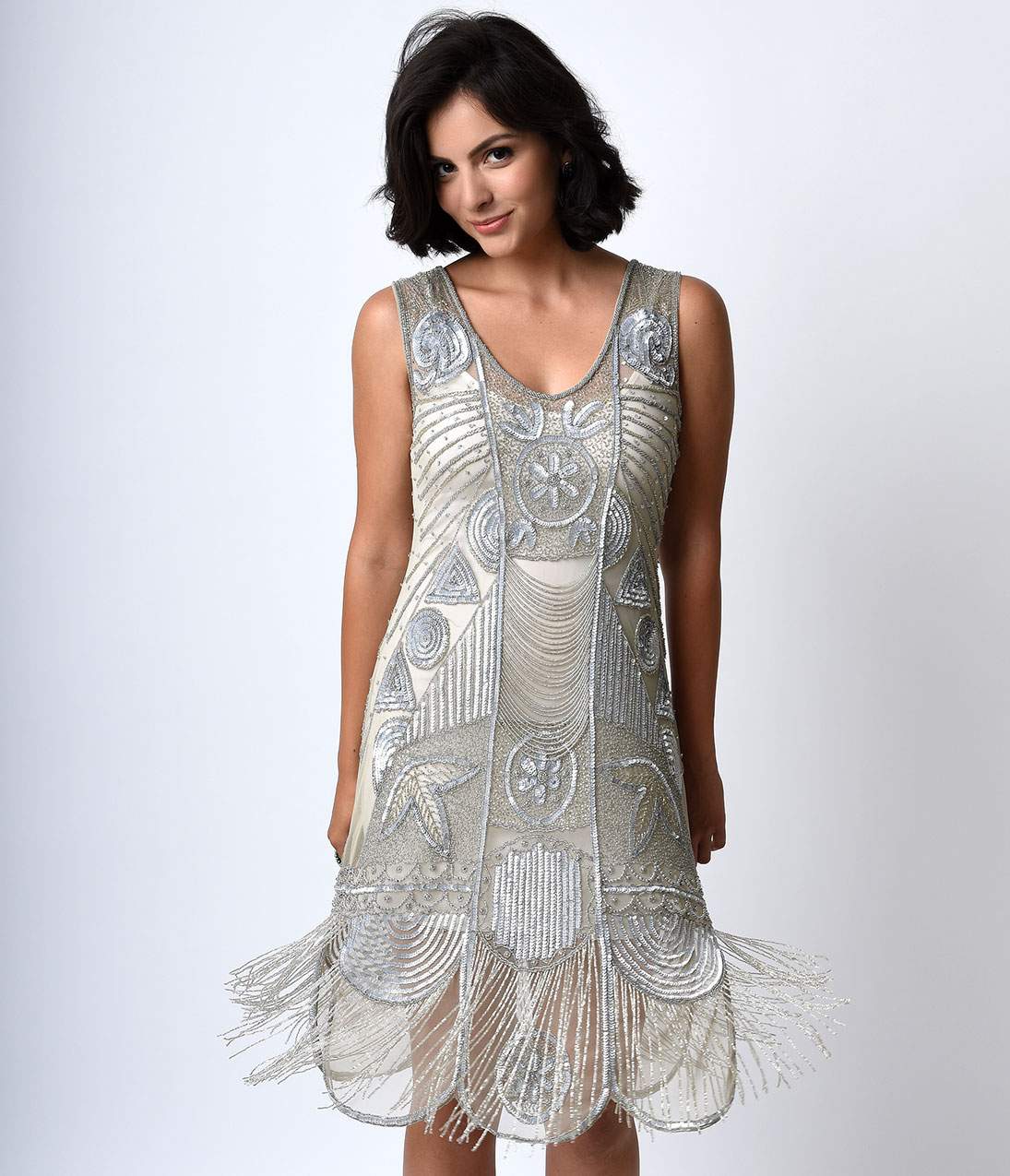  Unique Vintage 1920s Style Silver Beaded Fringe Bosley Flapper Dress