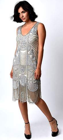  Unique Vintage 1920s Style Silver Beaded Fringe Bosley Flapper Dress