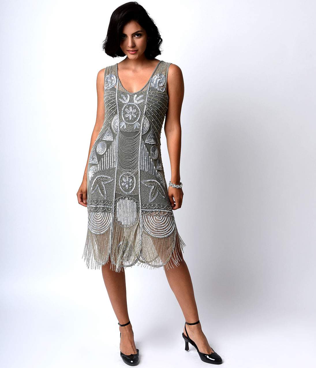  Unique Vintage 1920s Style Silver Beaded Fringe Bosley Flapper Dress