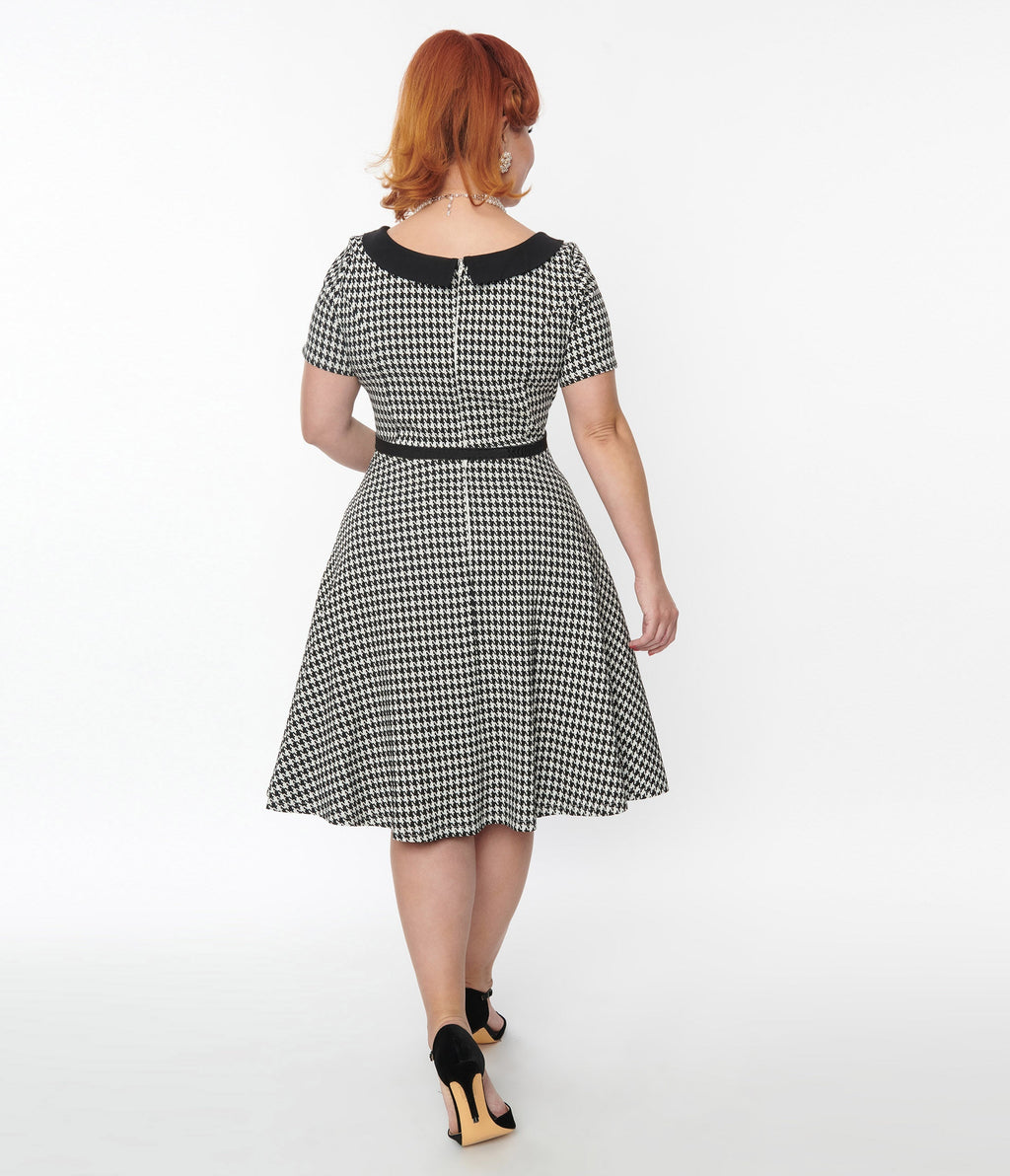  Unique Vintage 1950s Black & White Houndstooth Collared Swing Dress