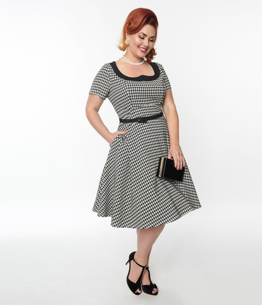  Unique Vintage 1950s Black & White Houndstooth Collared Swing Dress