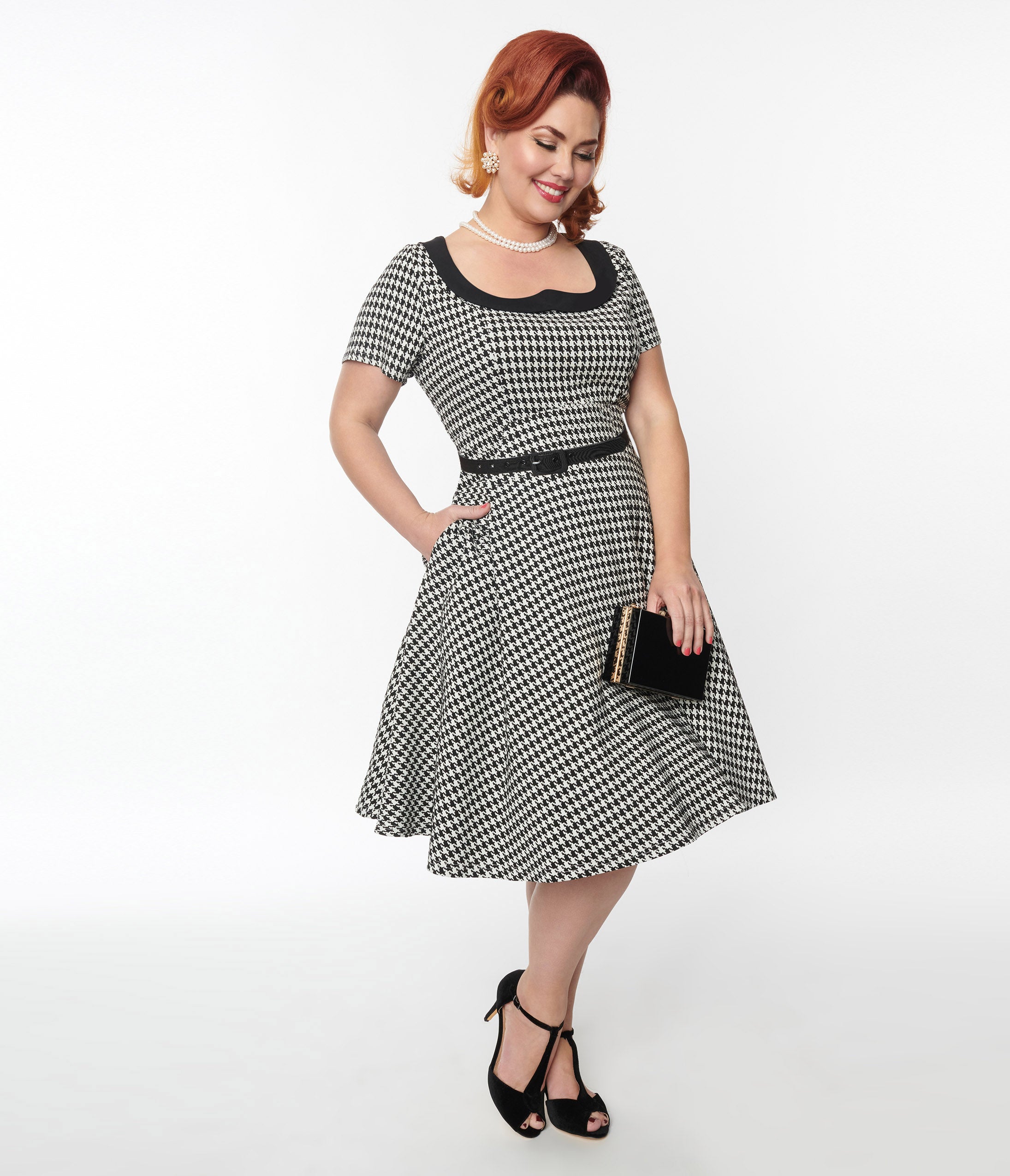  Unique Vintage 1950s Black & White Houndstooth Collared Swing Dress