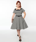  Unique Vintage 1950s Black & White Houndstooth Collared Swing Dress