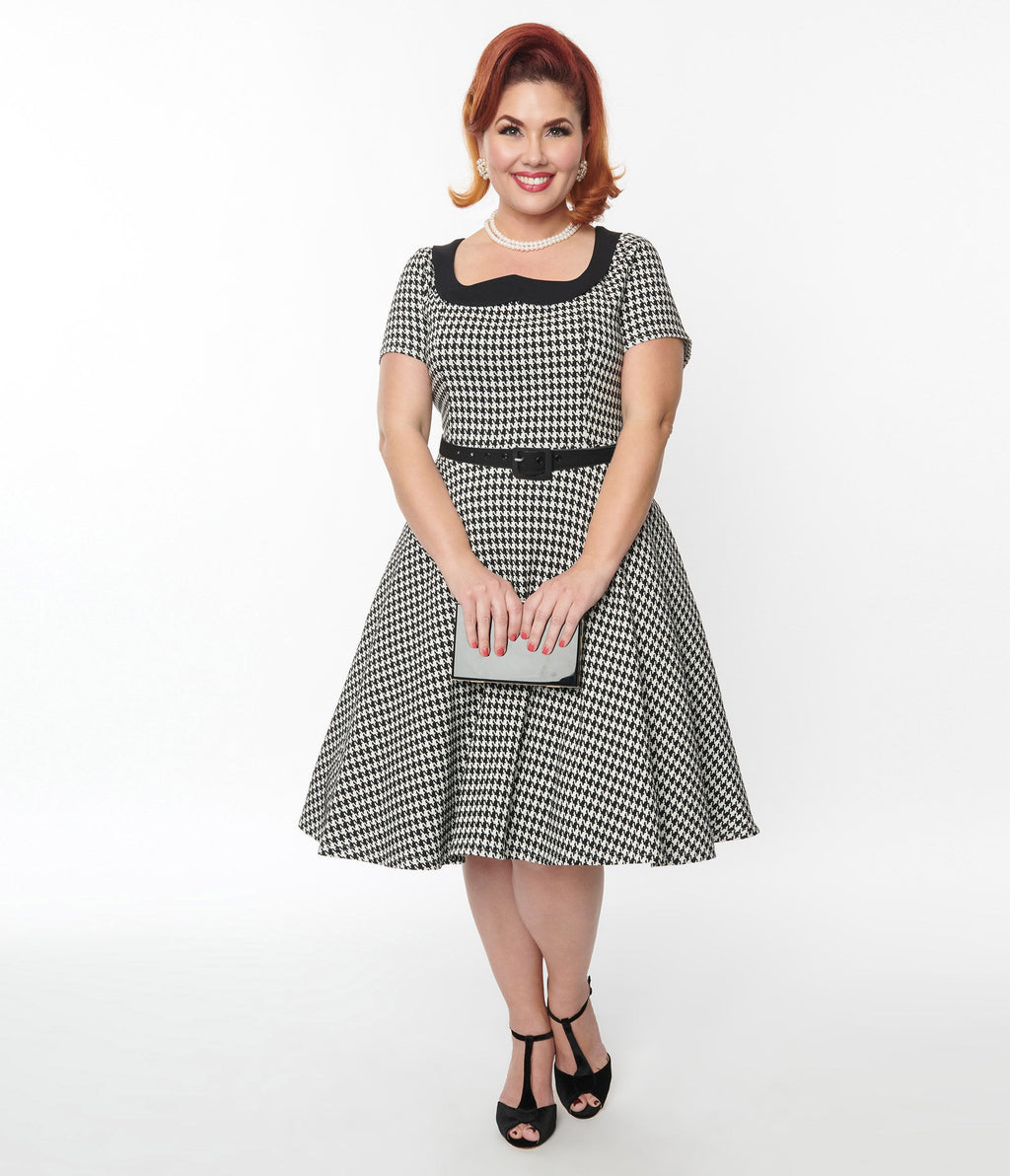  Unique Vintage 1950s Black & White Houndstooth Collared Swing Dress