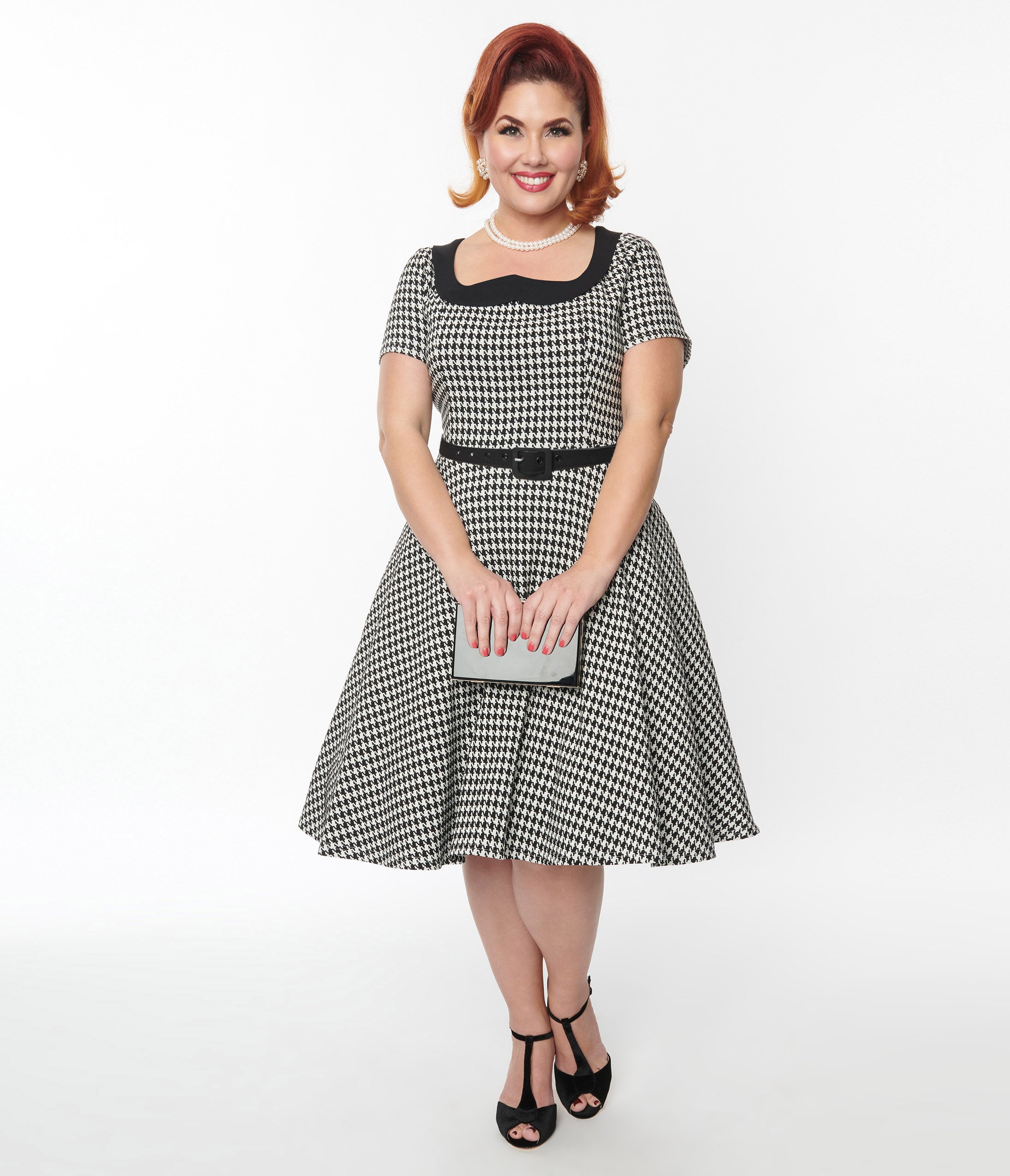  Unique Vintage 1950s Black & White Houndstooth Collared Swing Dress