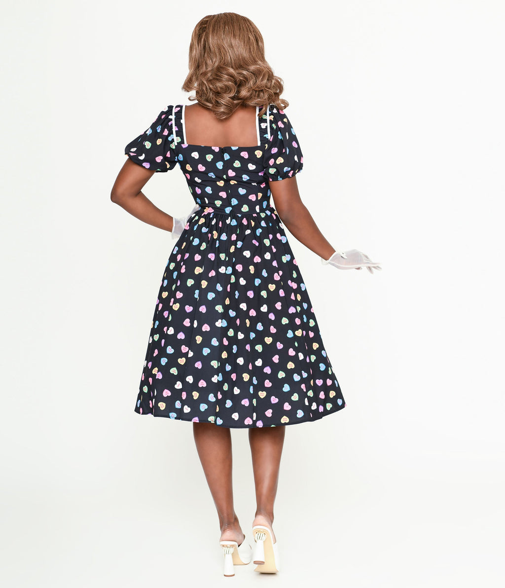  Unique Vintage Black & Candy Heart Button Front Dress