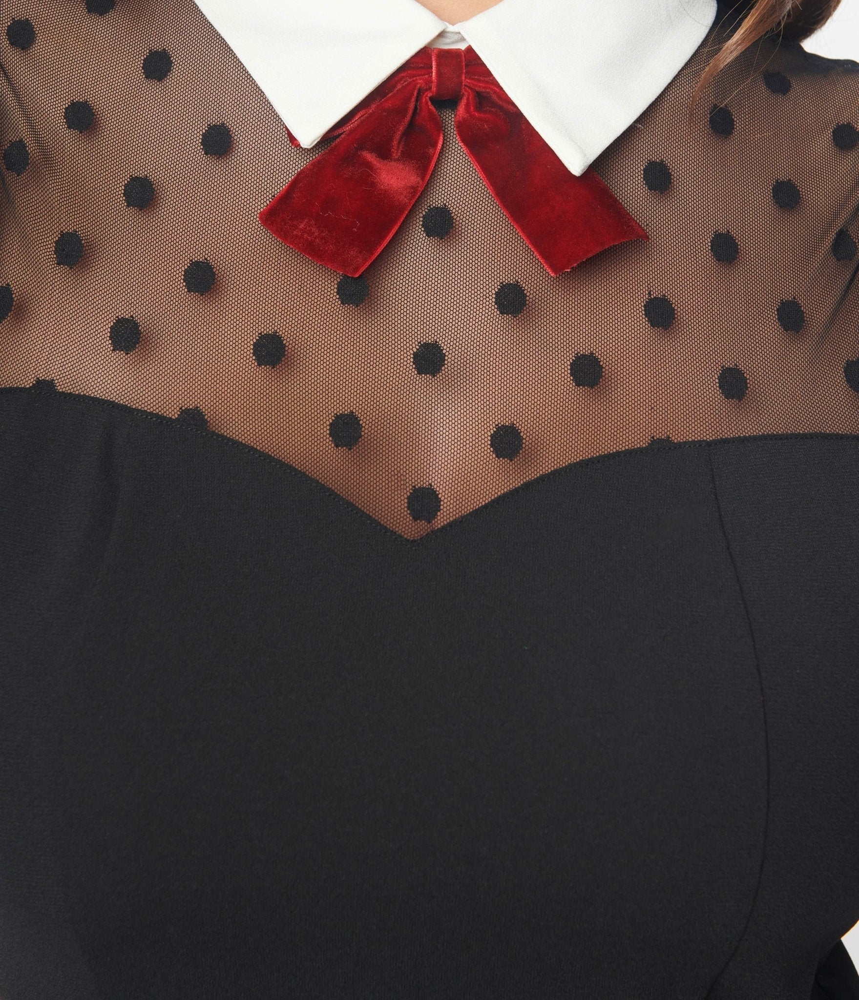  Unique Vintage Black Dot Mesh Collared Fit & Flare Dress