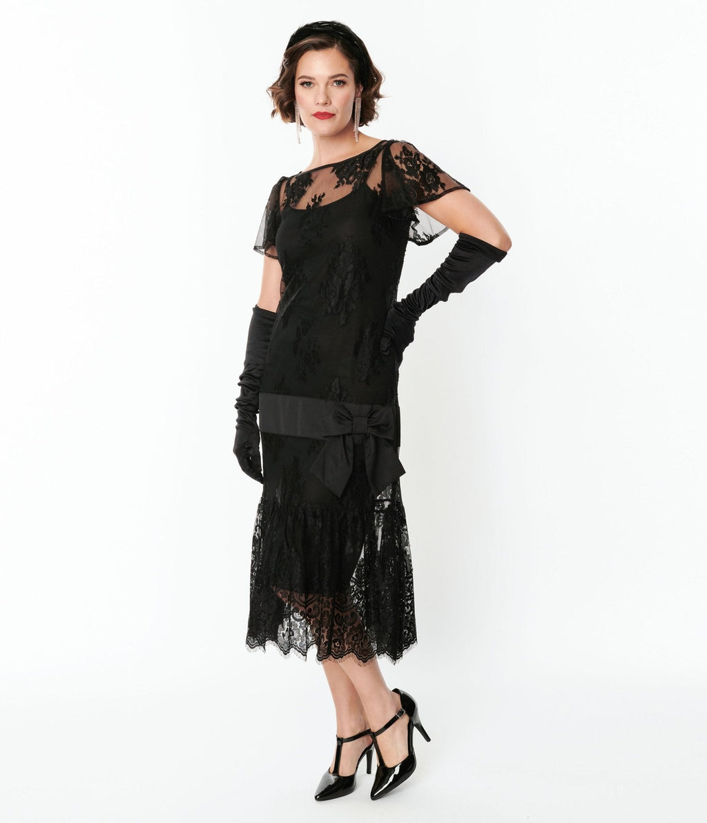  Unique Vintage Black Lace & Bow Flapper Dress