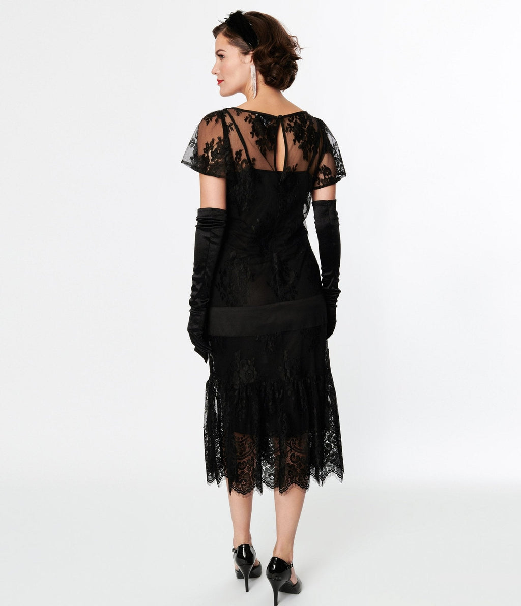  Unique Vintage Black Lace & Bow Flapper Dress