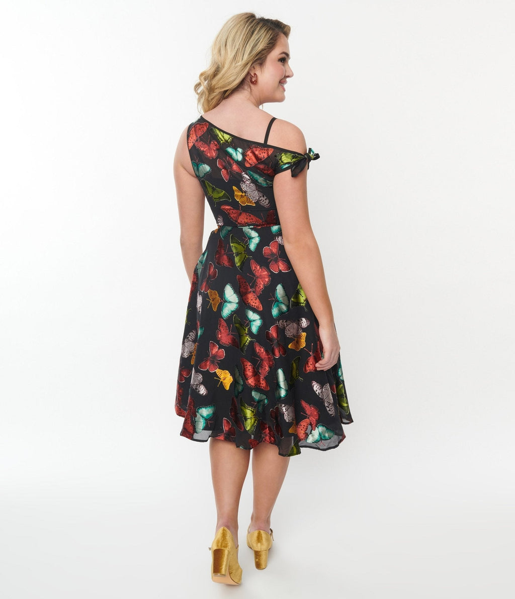 Unique Vintage Black & Multi Butterfly Swing Dress