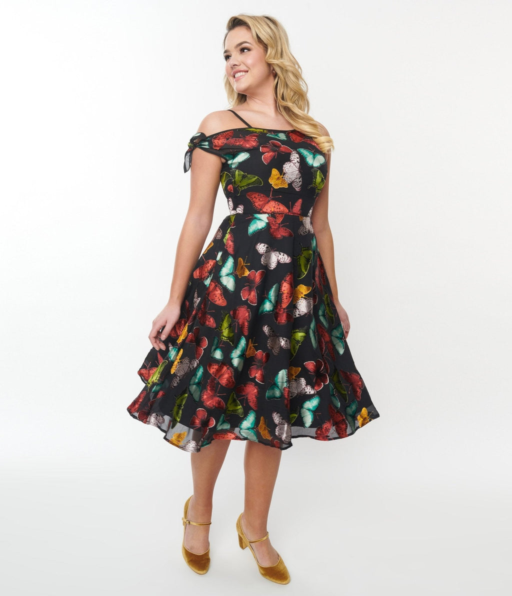  Unique Vintage Black & Multi Butterfly Swing Dress