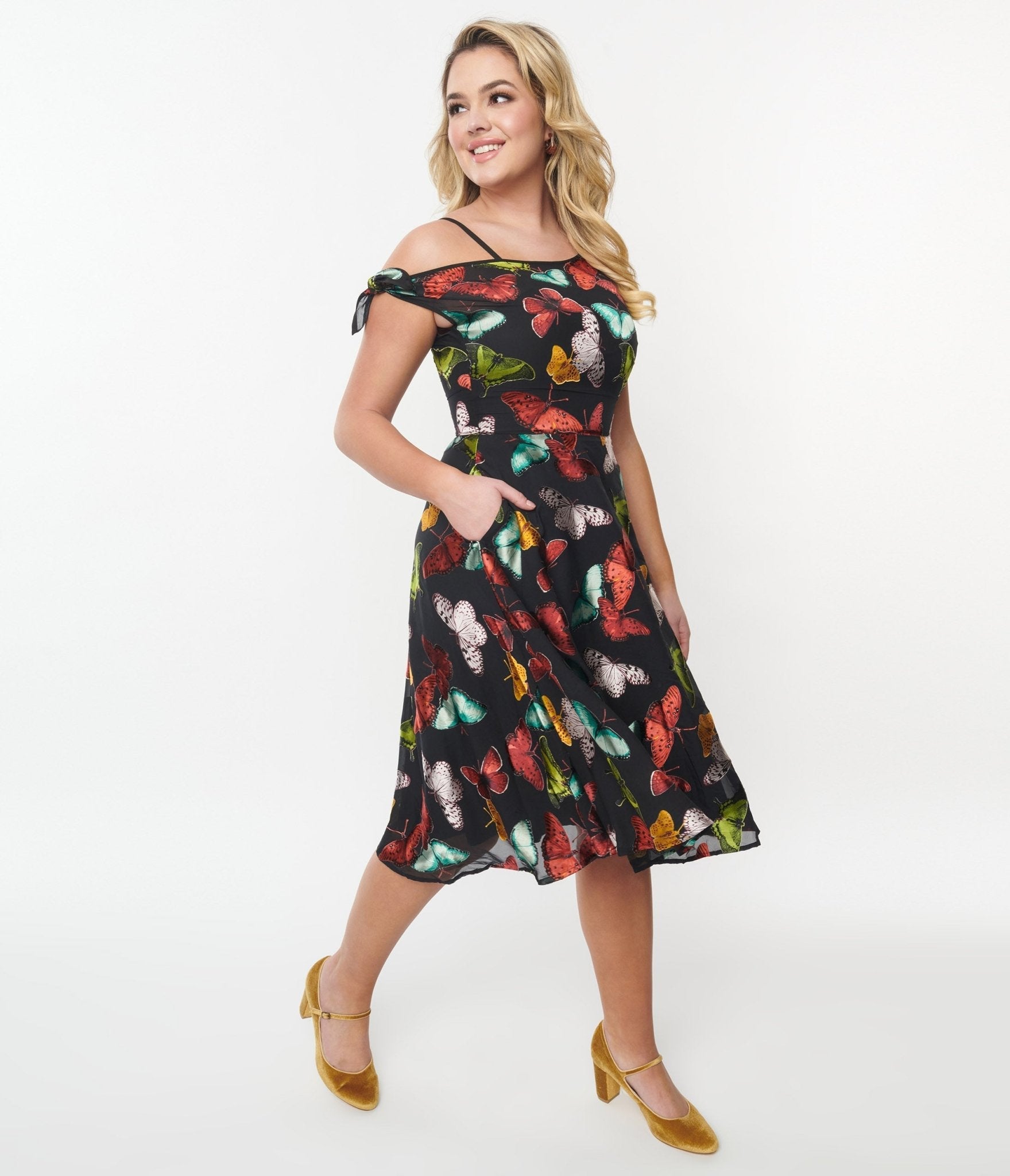  Unique Vintage Black & Multi Butterfly Swing Dress