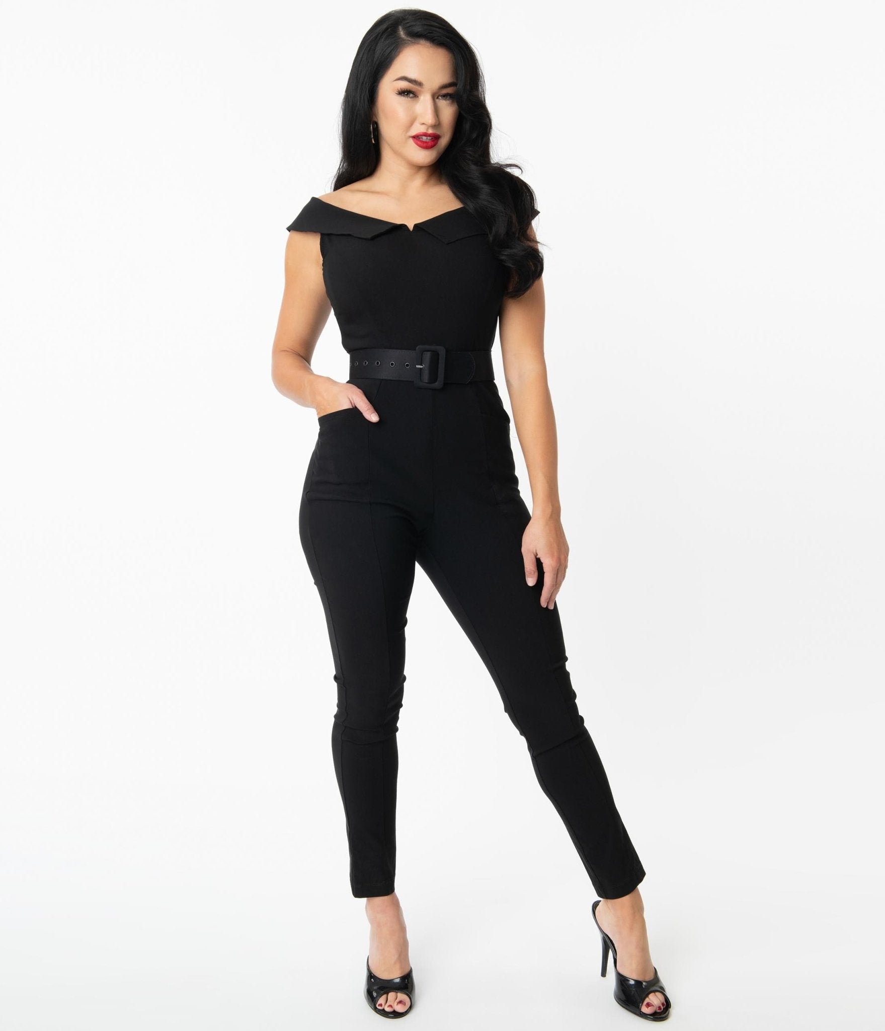  Unique Vintage Black Off Shoulder Gillian Jumpsuit