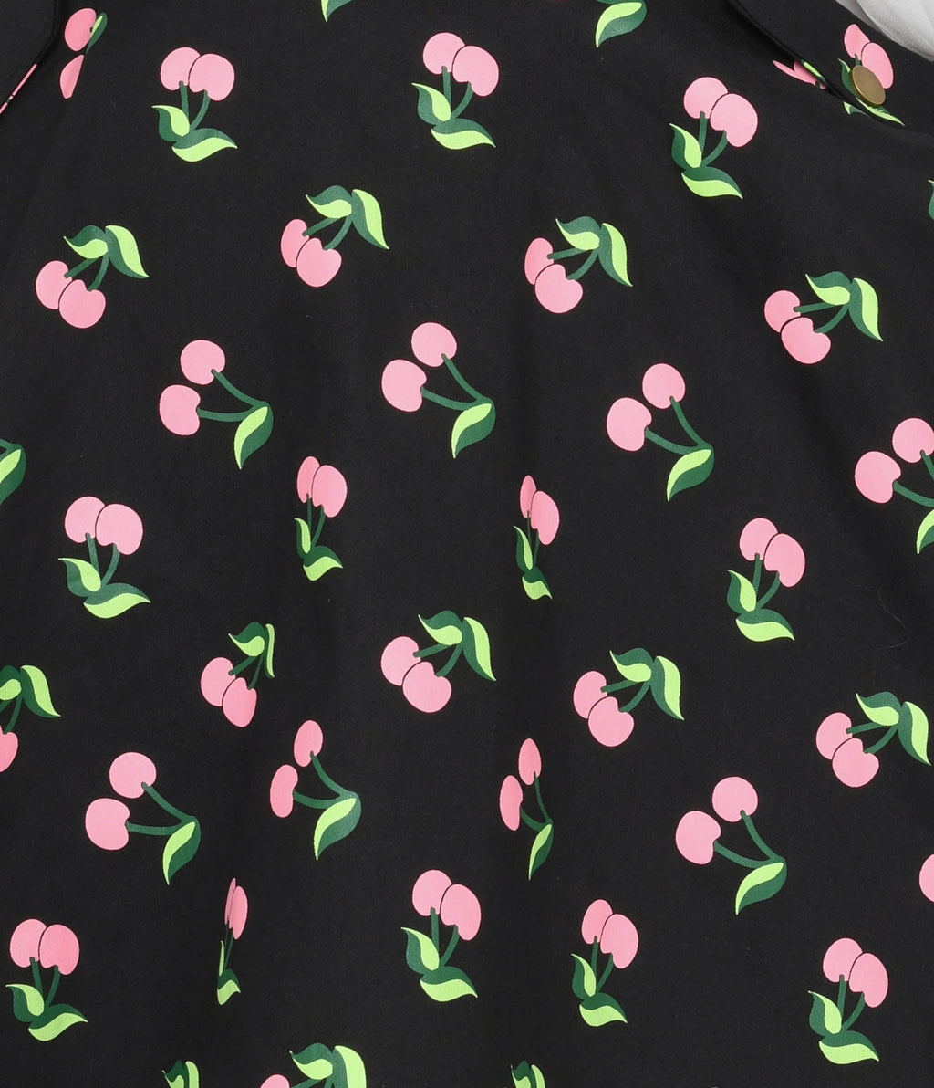  Unique Vintage Black & Pink Cherries Brionne Pinafore Skirt