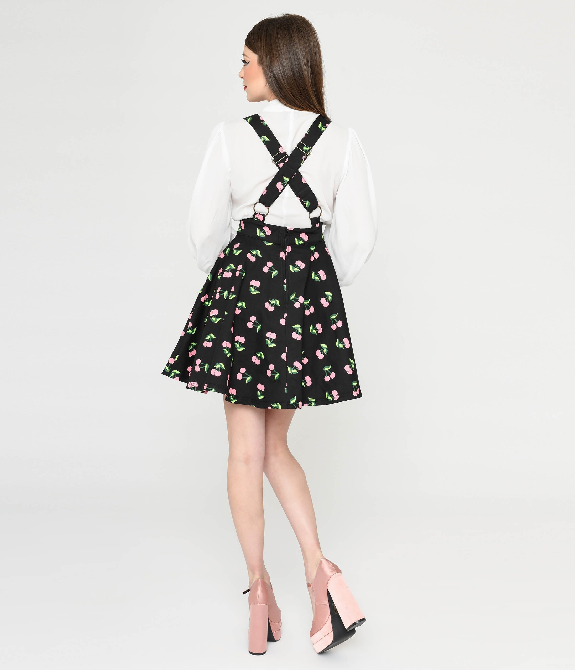  Unique Vintage Black & Pink Cherries Brionne Pinafore Skirt