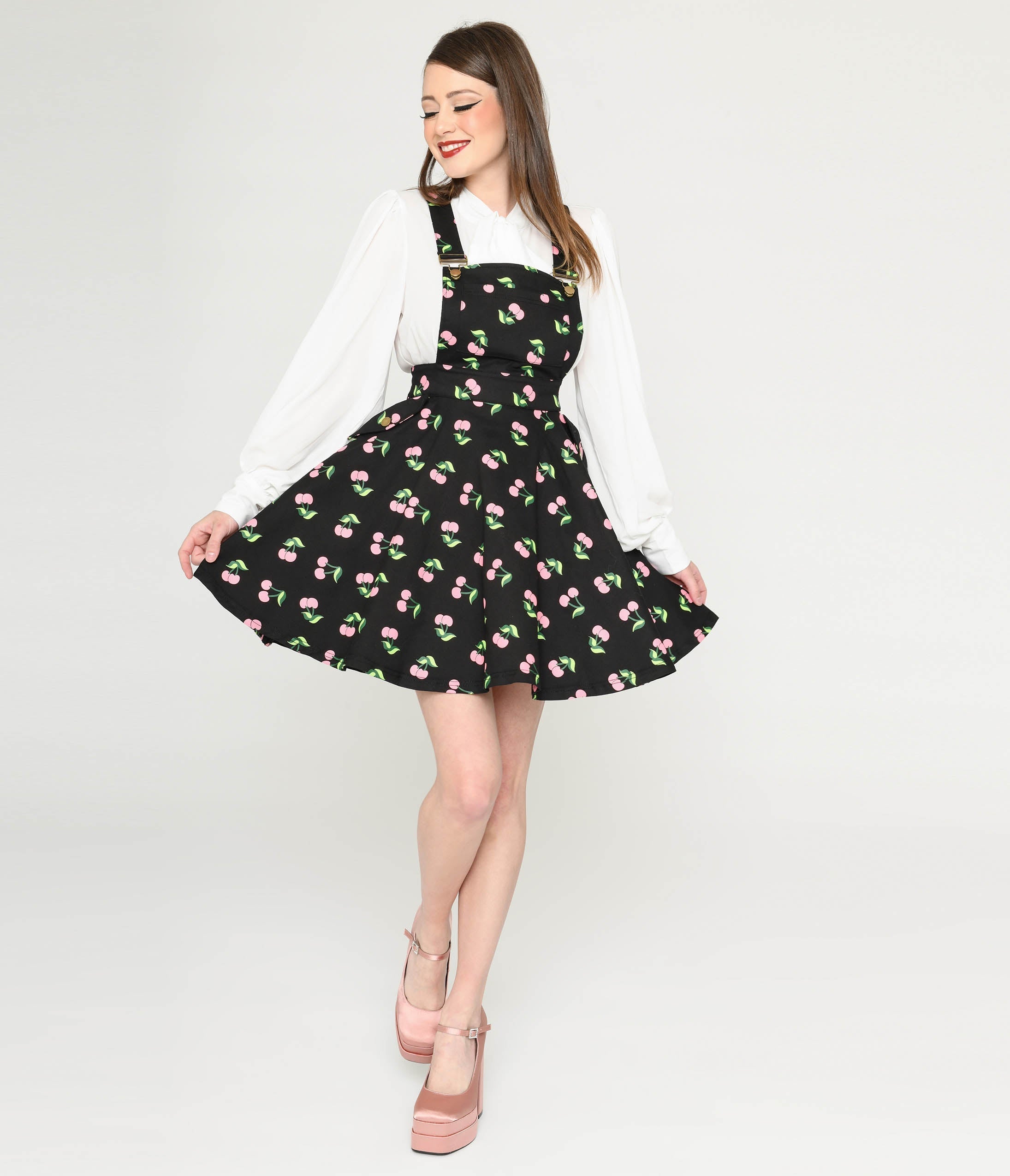  Unique Vintage Black & Pink Cherries Brionne Pinafore Skirt