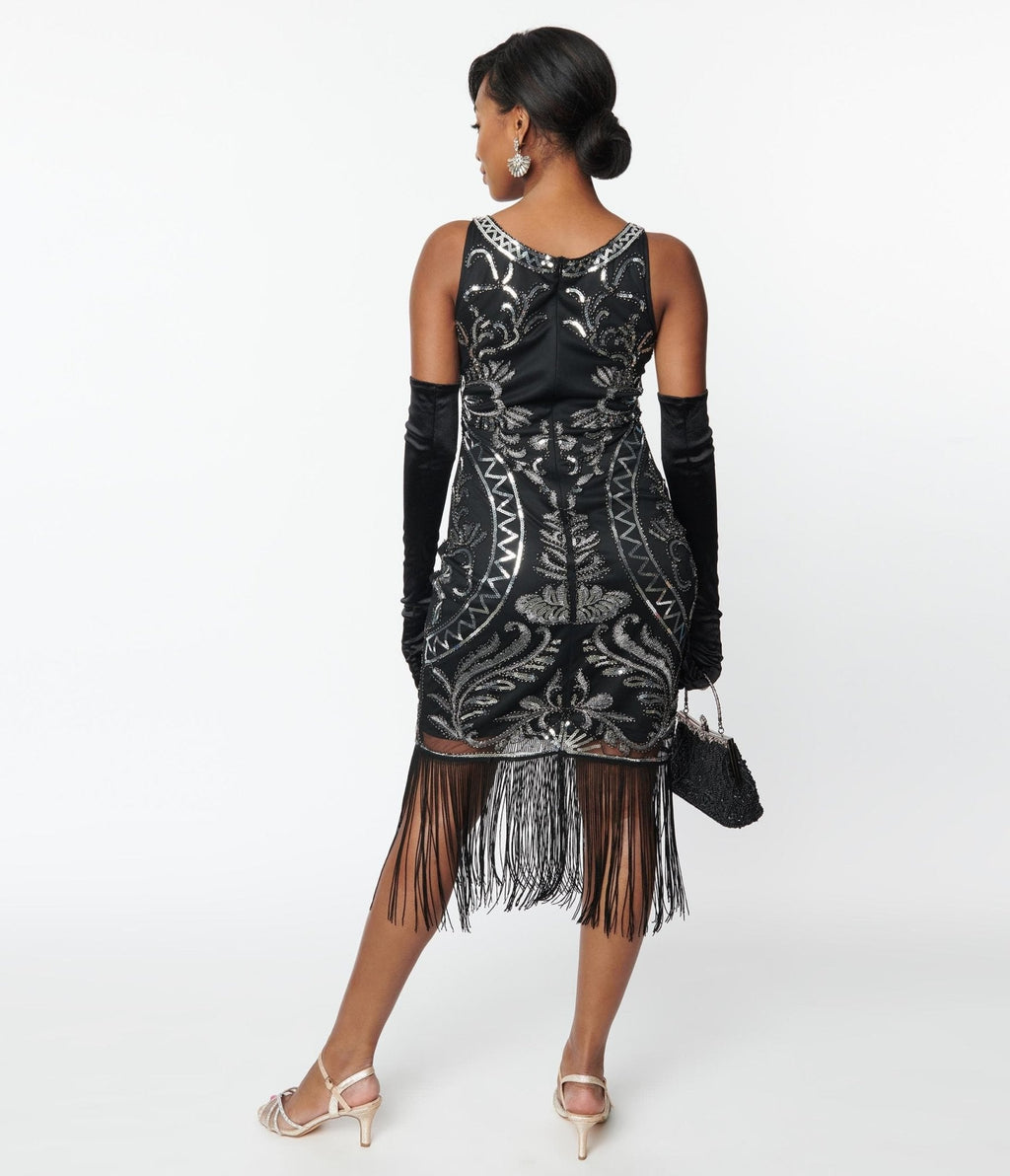  Unique Vintage Black & Silver Sequin Sleeveless Fringe Flapper Dress