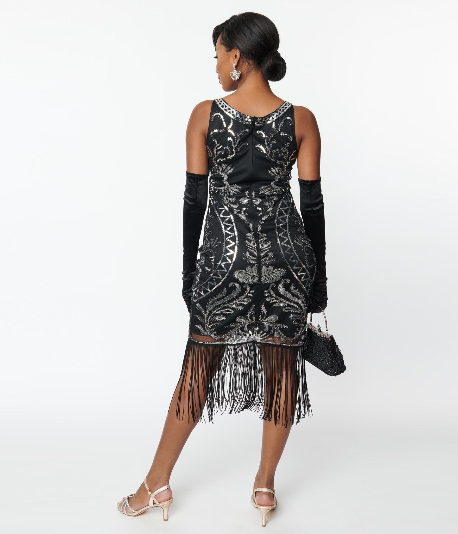  Unique Vintage Black & Silver Sequin Sleeveless Fringe Flapper Dress