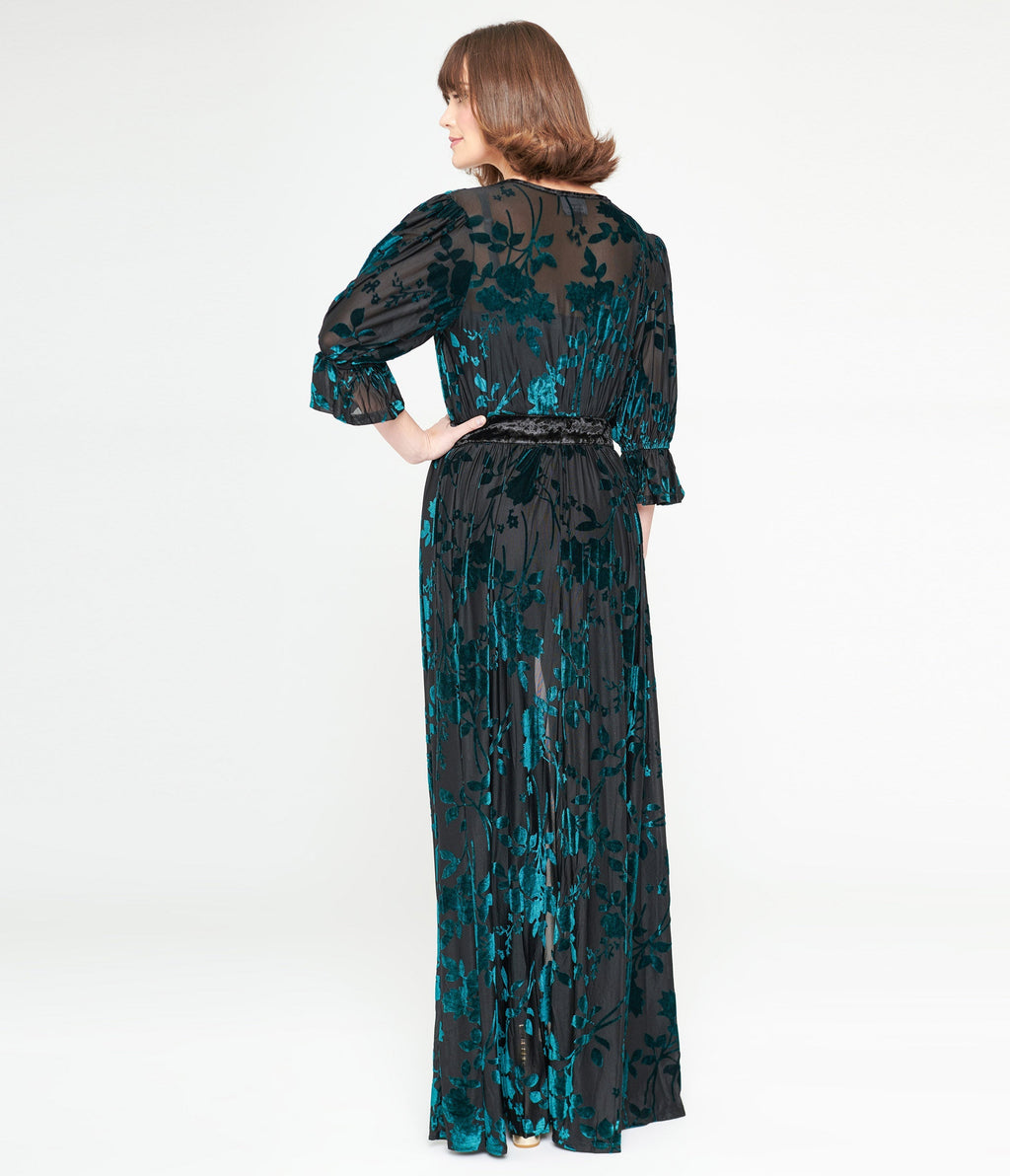  Unique Vintage Black & Teal Floral Velvet Burnout Duster